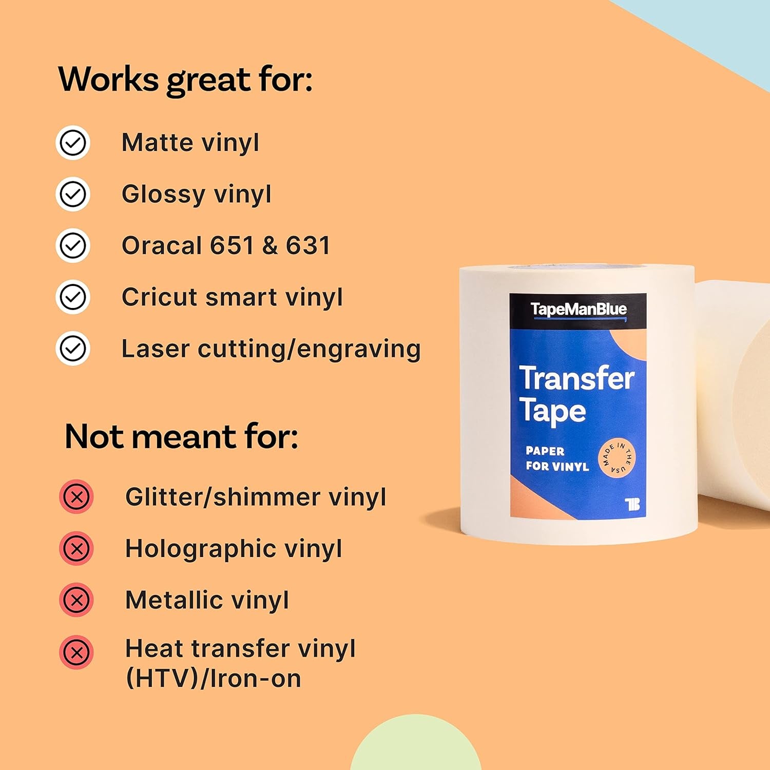6" X 300' Roll of Paper Transfer Tape for Vinyl, Made in America, Premium-Grade Transfer Paper for Vinyl with Layflat Adhesive for Cricut Vinyl Crafts, Decals, and Letters