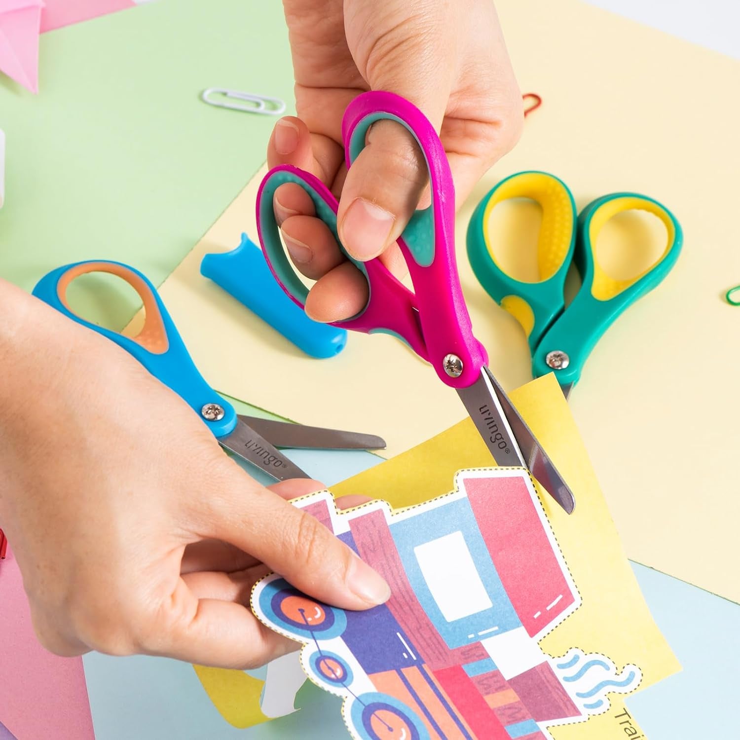 Left Handed Kids Scissors: Blunt Tip Safety Lefty Toddler Child Scissors for School Craft Cutting Paper - 3 Pack 5 Inches Comfort Grip Green, Rose Pink, Blue