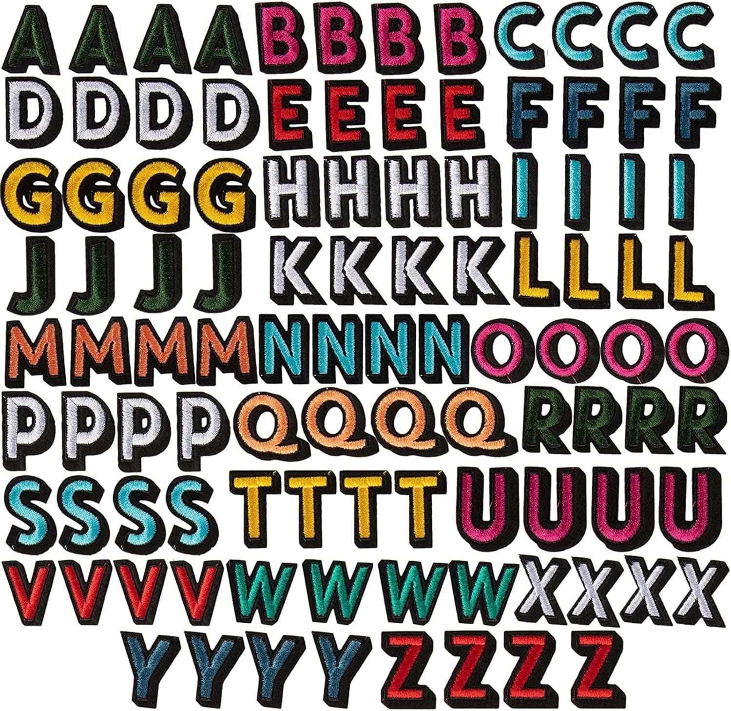 104 Pieces Iron on Letters for T-Shirts, 4 Sets of 26 Embroidered Alphabet A-Z Patches for Denim Jackets, Hats, Fabric (1 In)