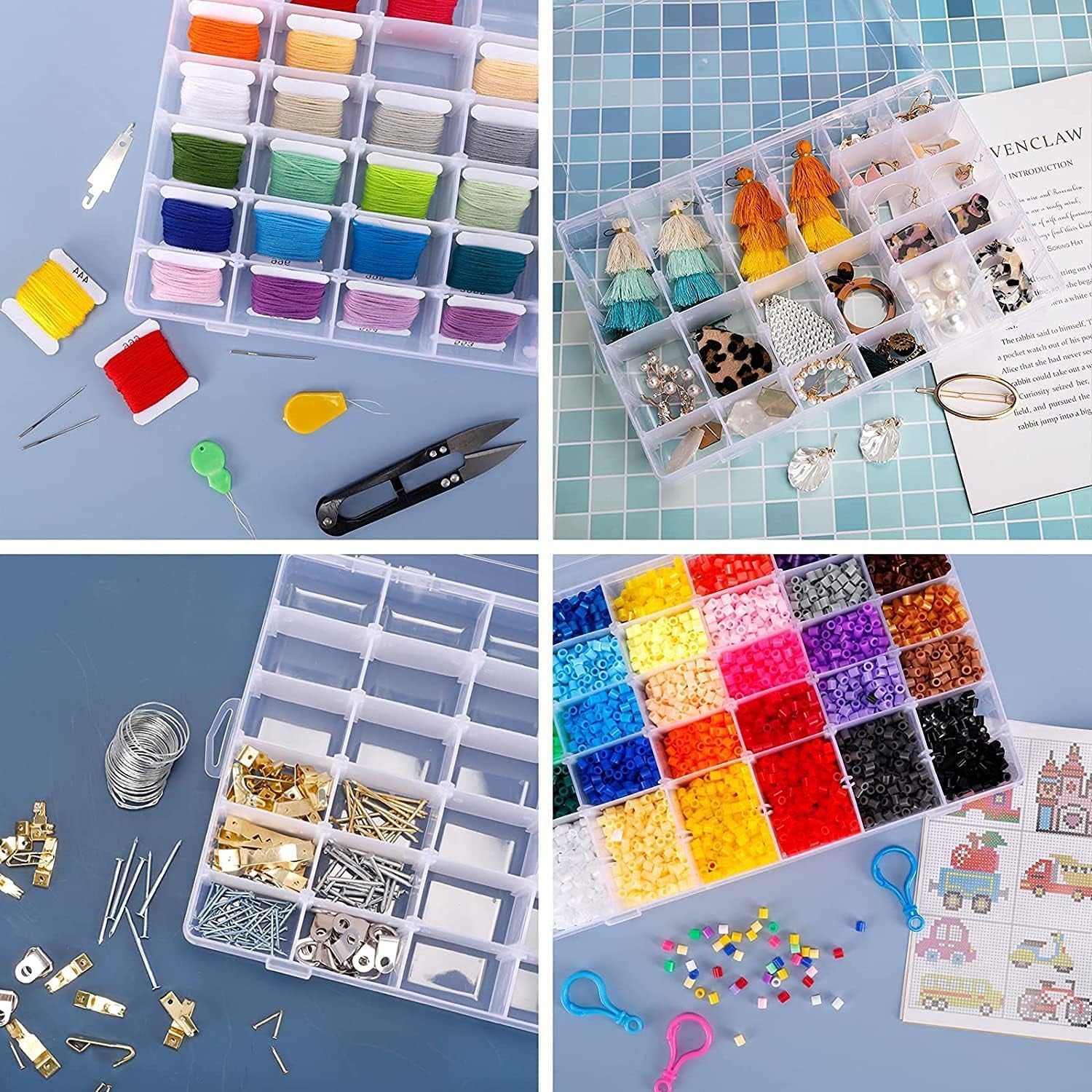 3 Pack 36 Grids Plastic Organizer Box Craft Storage with Adjustable Dividers, Bead Organizer Container Clear Storage Box for Fishing Tackles Crafts Jewelry Thread with 400Pcs Label Stickers