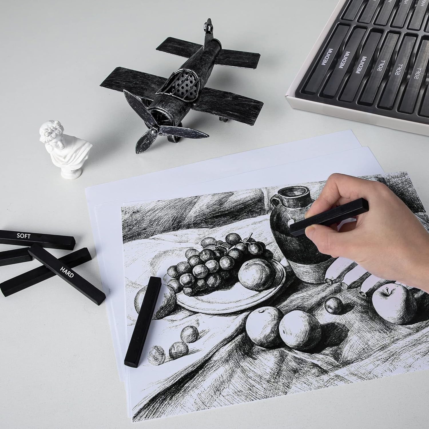 24 Pcs Compressed Charcoal Sticks with Soft, Medium, Hard and White Charcoal - Premium Drawing Charcoal Kit for Drawing, Sketching and Shading - Art Supplies for Artists Beginners