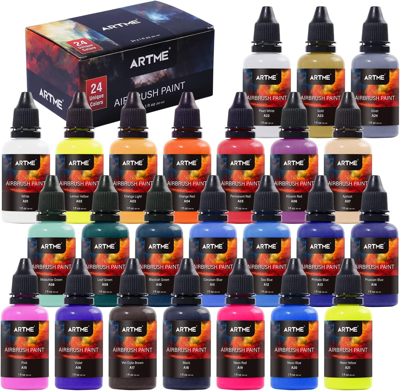 24 Colors Airbrush Paint Set Include Metallic and Neon Colors, Opaque & Water Based Acrylic Paint, Leather & Shoe Airbrush Paint Kit for Artists, Beginners, and Students