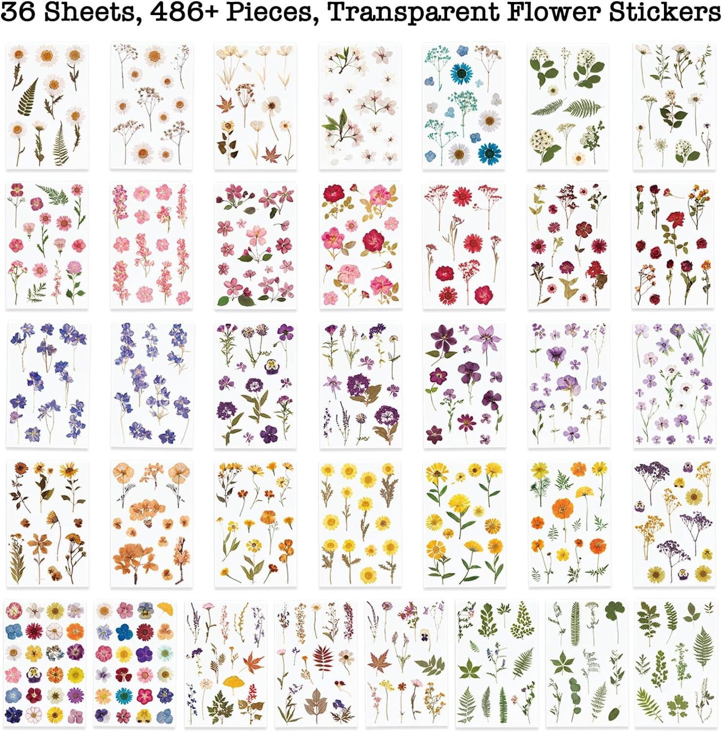 Pressed Flower Themed Stickers (Assorted 486 Pieces, 36 Sheets) Dried Floral Resin Stickers Decals Botanical Journaling Sticker for Scrapbook Supplies Junk Journal Bullet Journal Planner Laptop