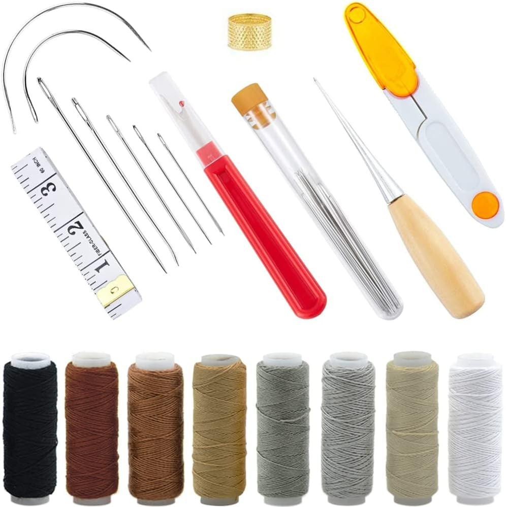 Upholstery Repair Kit 29-Pack, Leather Craft Tool Kit Leather Hand Sewing Needles Canvas Thread and Needles Tape Measure Large-Eye Stitching Needles for Leather Repair