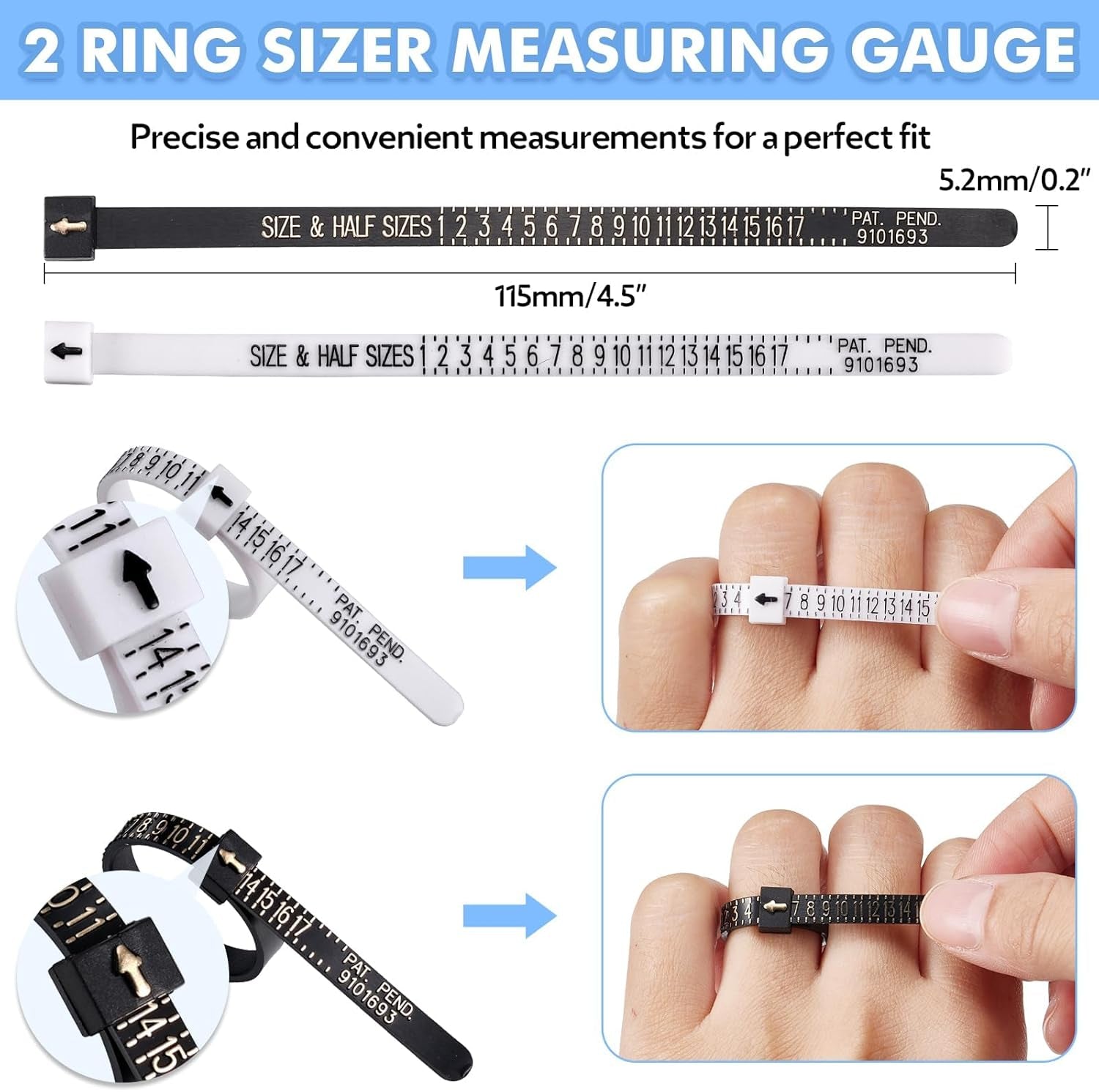 Ring Size Adjuster for Loose Rings- 110 Pcs Ring Size Adjusters Set Includes 8 Plug-In Invisible Ring Adjuster, 8 Spiral Silicone Tightener, EVA Invisible Sticker,Ring Size Measuring Tool