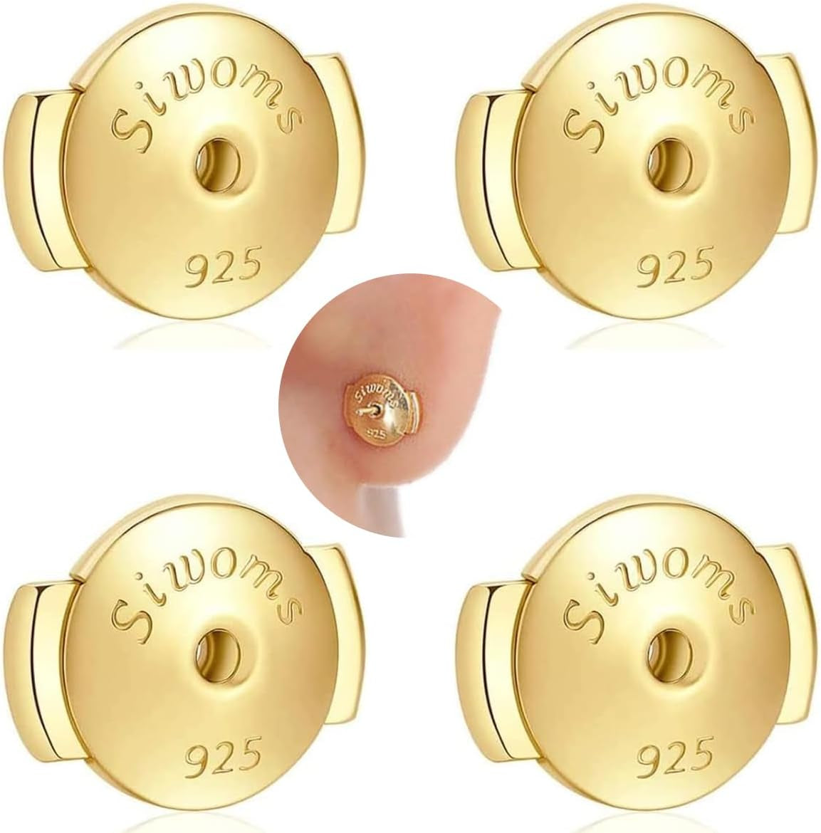 2-Pairs 18K Gold Plated Locking Earring-Back Replacements Secure for Diamond Studs, Hypoallergenic Sterling Silver Backings for Notched Post (0.7～1.0Mm)