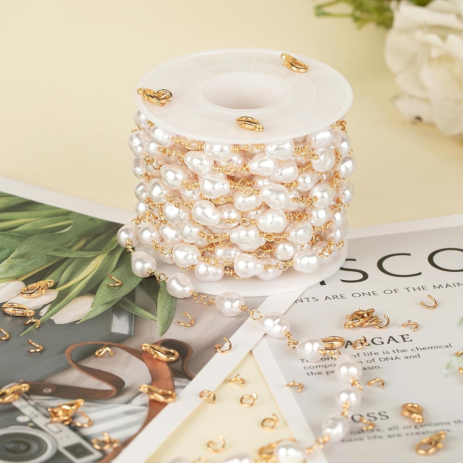 13 Feet Imitation Pearl Bead Chain Bulk KC Gold Plated Brass Jewelry Chain for Jewelry Making Necklace Bracelet DIY Handmade Craft Chain Roll