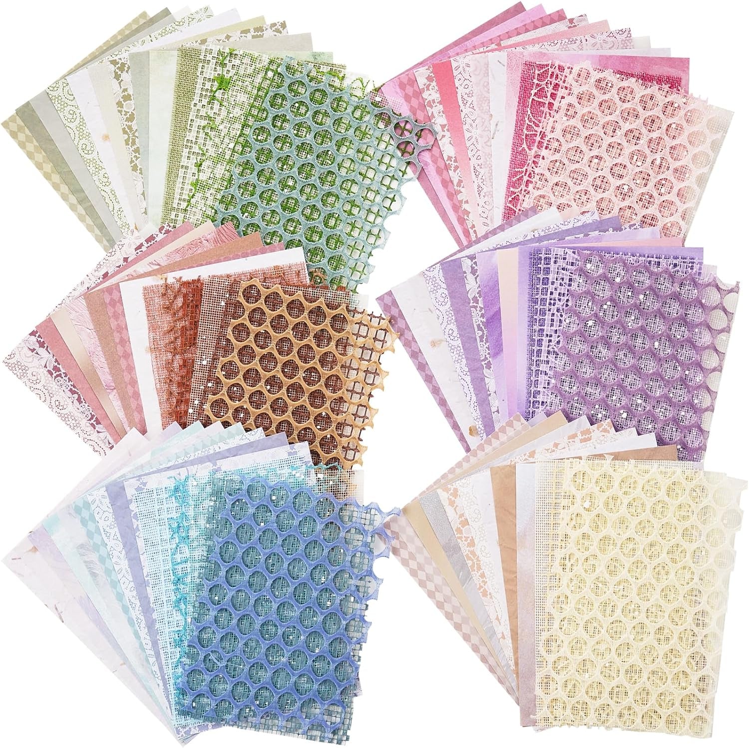 90 Sheets Scrapbook Paper and Decorative Mesh Fabric Assorted Set - 6 Pack Mixed Special Paper for Scrapbooking Planner Bullet Junk Journal Supplies Mixed Media Collage Card Embellishment 5.1X7 Inch