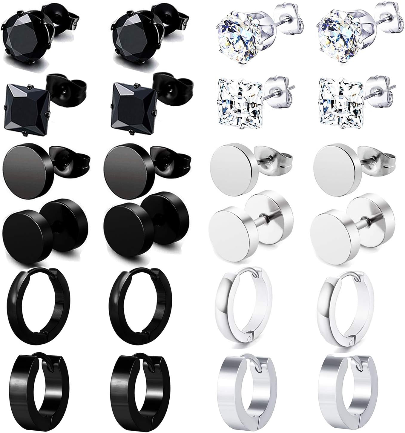 12 Pairs Stainless Steel CZ Stud Earrings Hoop Earrings Set Huggie Hoop Ear Piercing for Woman/Men/Teen Girls and Boys Gift