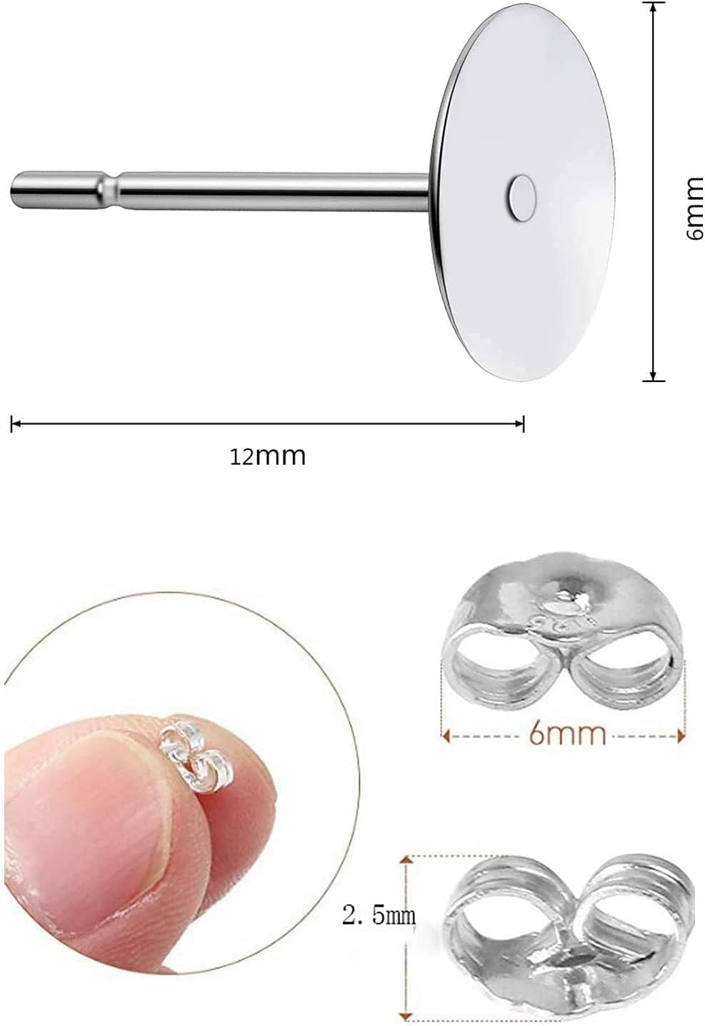 25Pair 925 Sterling Silver Earrings Posts Flat Pad Ear Stud Hypoallergenic Blank Earring Pins with 925 Sterling Silver Earring Backs for Jewelry Making Findings(6Mm)