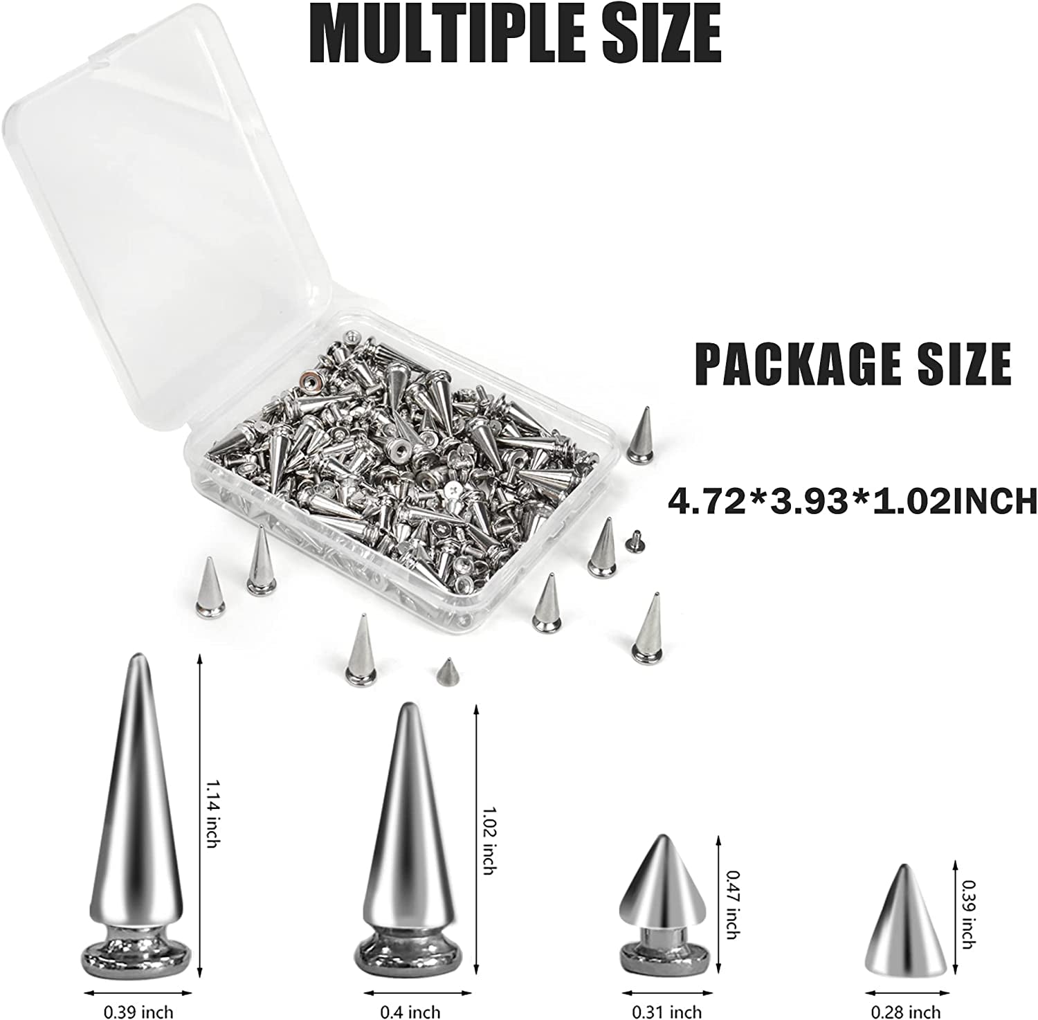 200 Sets Silver Cone Spikes Multiple Sizes Screw Back Studs Punk Rock Bullet Rivets for DIY Clothing Leather Craft