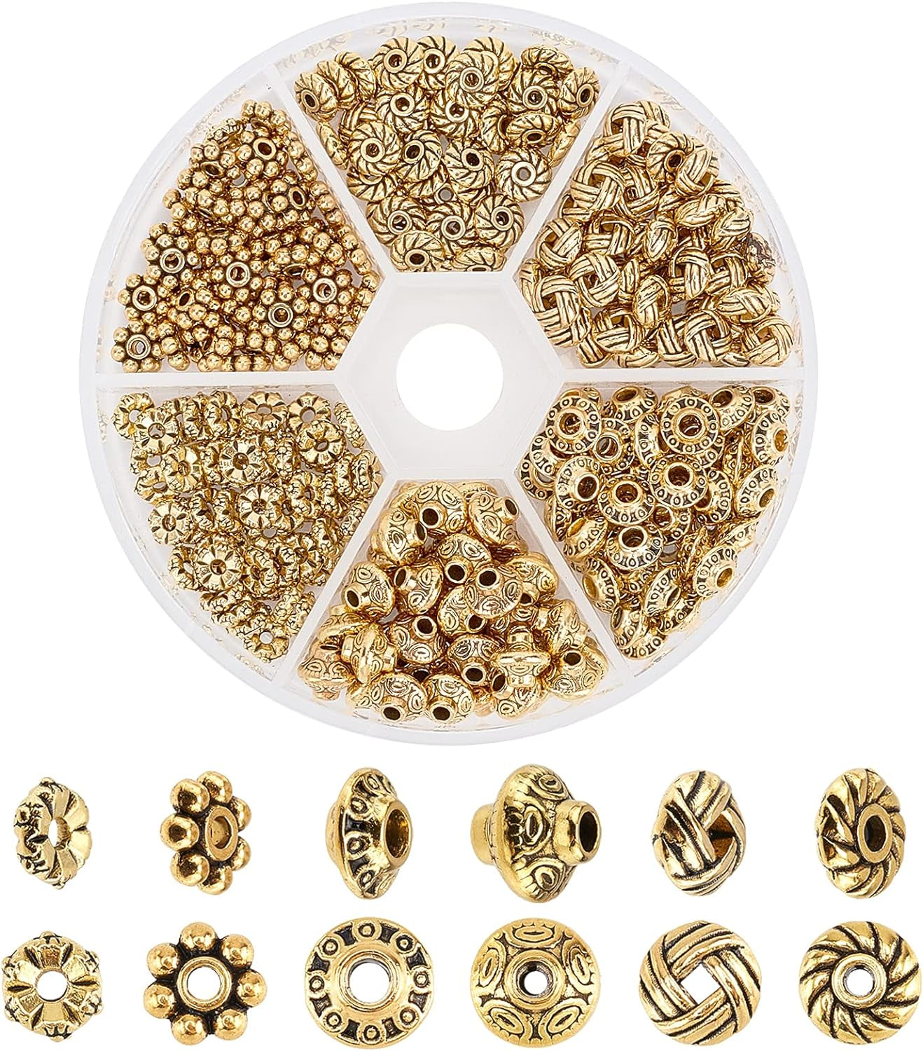 300Pcs Spacer Beads 6 Style Antique Golden Beads Tibetan Metal Jewelry Beads Loose Spacer Beads Flower Flat Rondelle Beads for Bracelet Necklace Jewelry Making Supplies (5.5-6.5Mm)