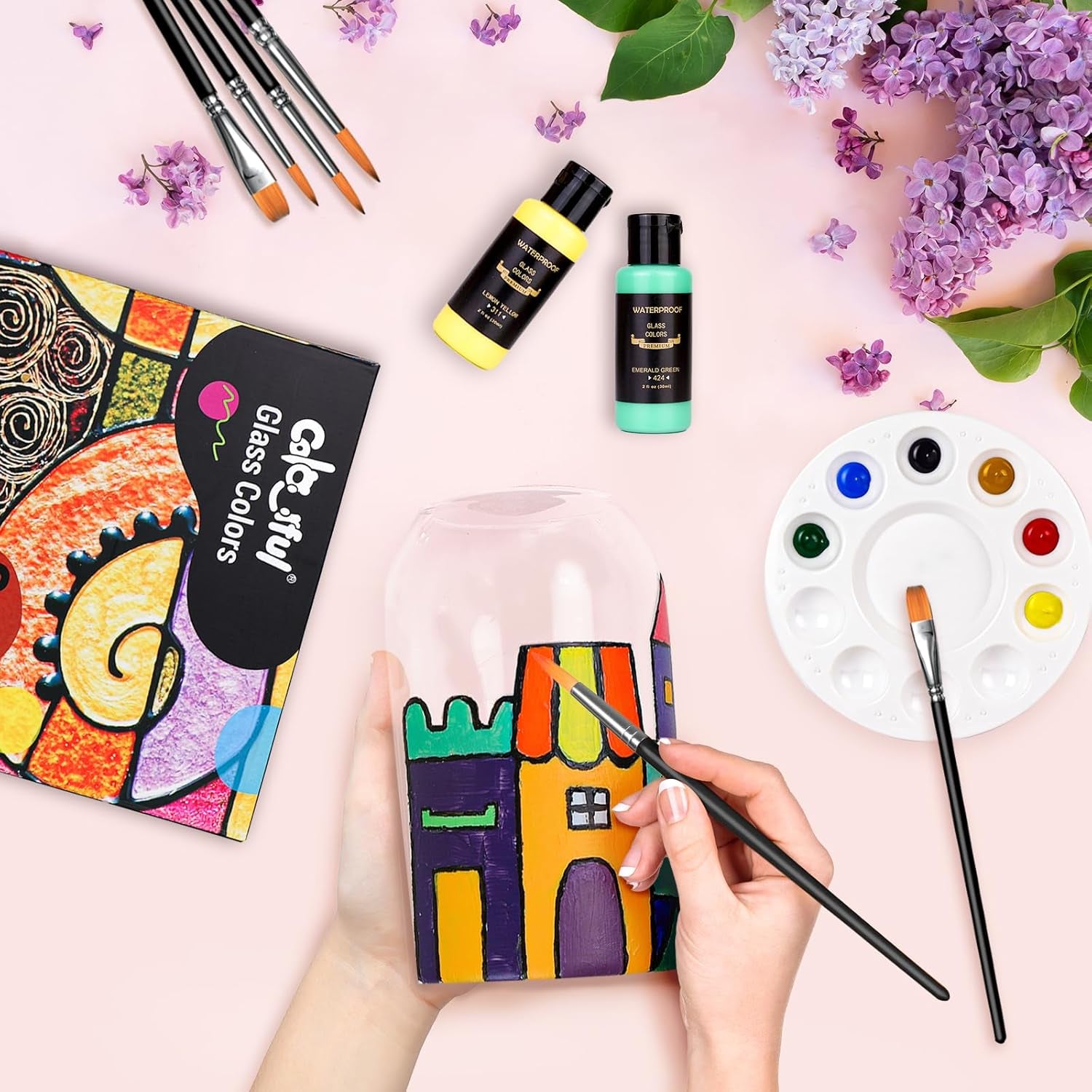 Stain Glass Paint Set with 6 Brushes, 1 Palette & 1 Sponge, 26 Colors Waterproof Permanent Glass Painting Kit for Arts on Wine Glasses,Bottle and Windows