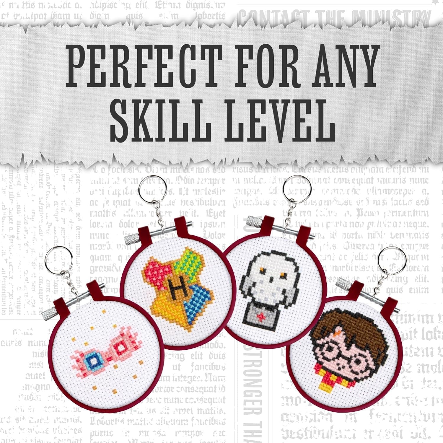 Harry Potter Stamped Cross Stitch 4 Pack, Embroidery Starter Kit for Beginners, Four Patterns, Fun & Easy Backpack Charms Craft Activity for Fans