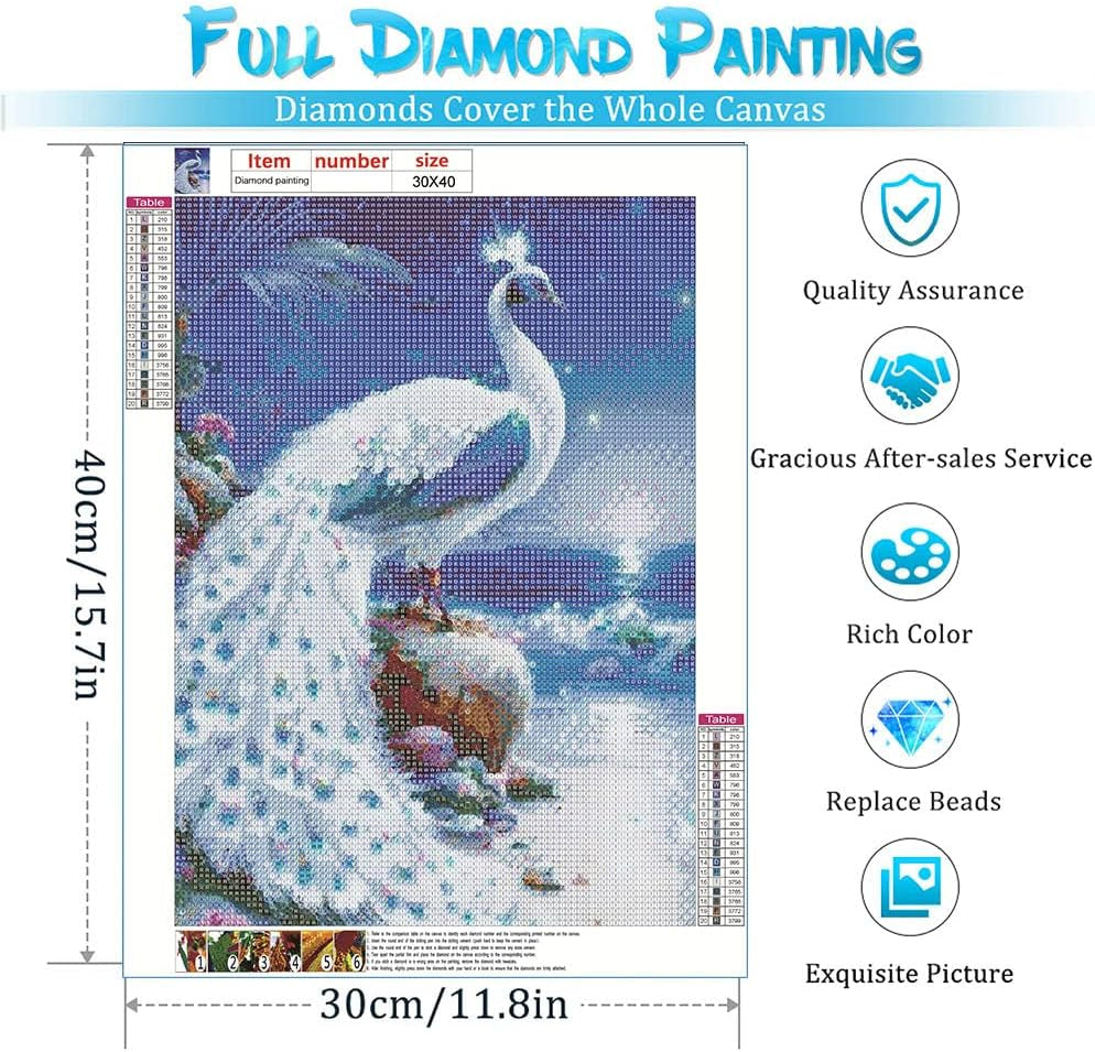 White Peacock Diamond Painting Kits for Adults Kids Beginner 5D DIY round Diamond Number Kits – Crystal Rhinestone Diamond Embroidery Paintings Great for Home, Office, Wall Decor 12×16 Inch