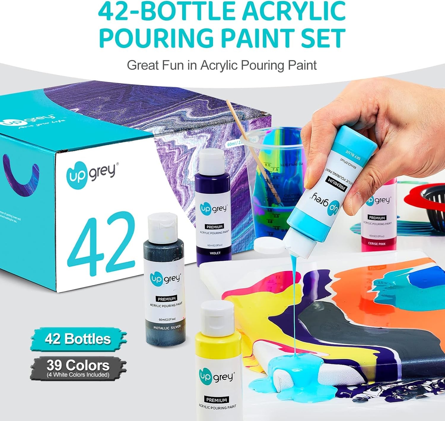 42 Colors Acrylic Pouring Paint Set, High Flow, Non Toxic, Pre-Mixed, 60Ml Bottles, Assorted Colors with 4 White, for Canvas, Glass, Paper, Wood, DIY
