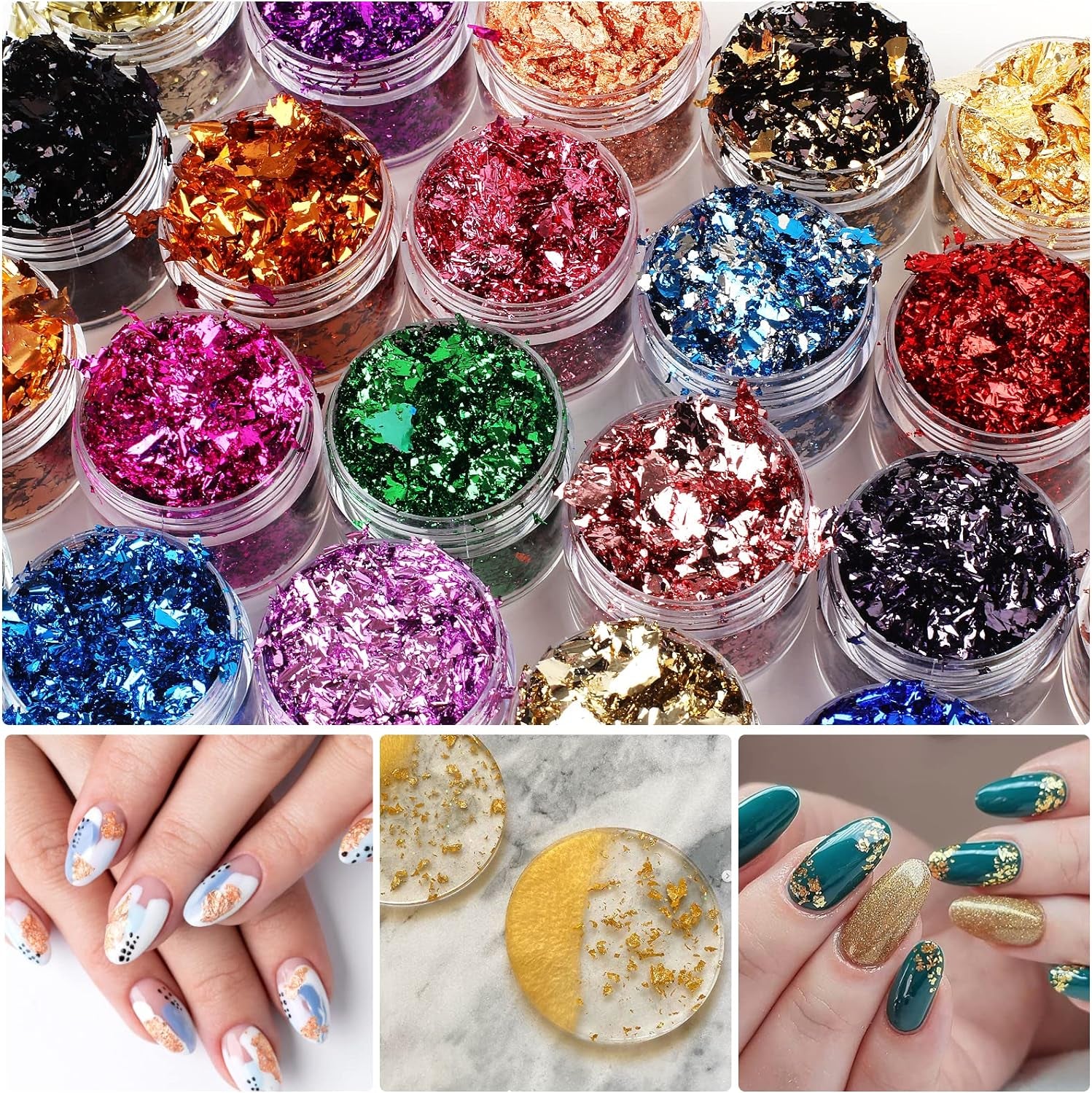 Gold Foil Flakes, 24 Color, Metallic Foil Flakes, Gilding Flakes, Gold Leaf Flakes, Gold Flakes for Resin, Nails, Painting, Crafts