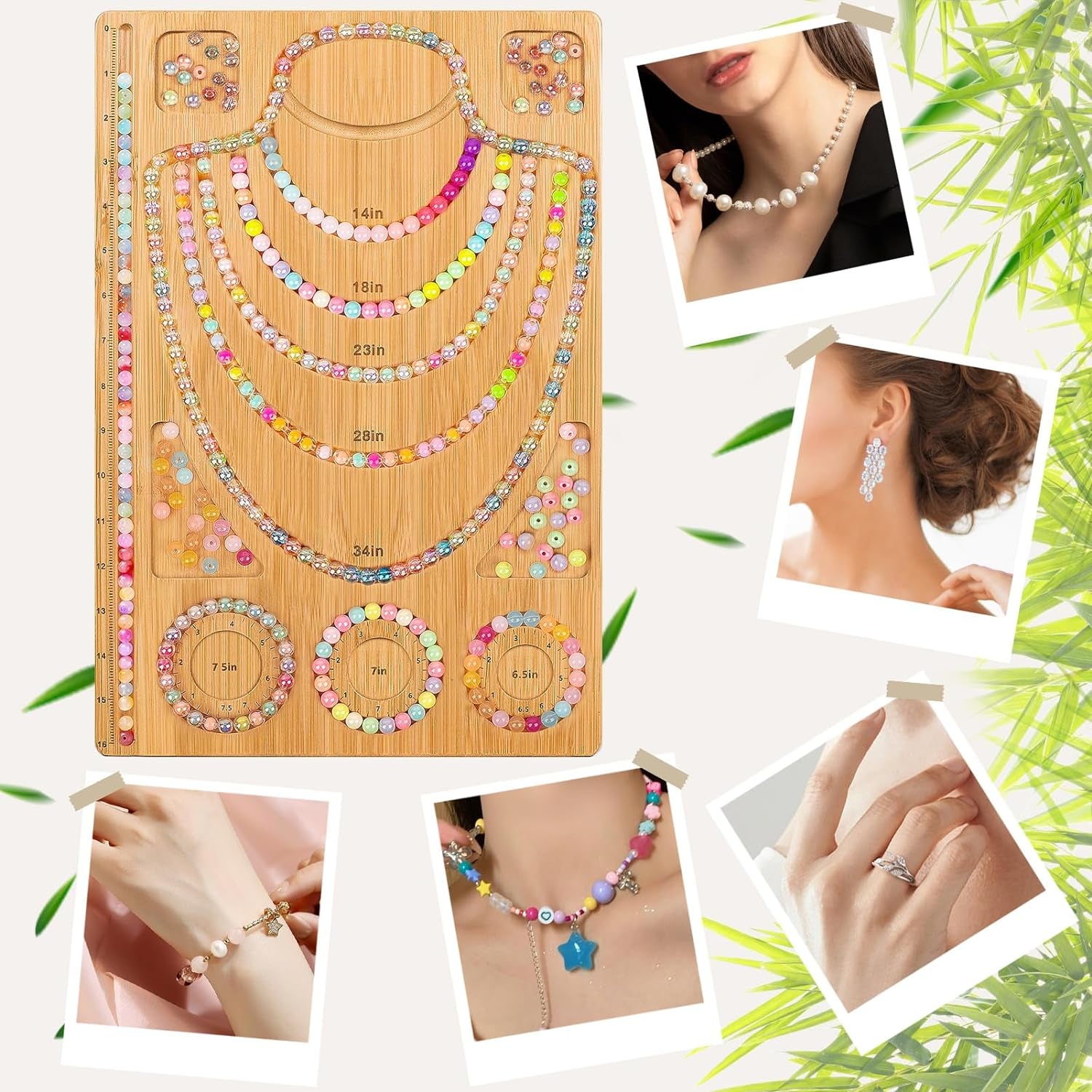 Wooden Bead Boards for Jewelry Making with Box, 16.9 X 11.4” Bamboo Beading Board for Bracelet Necklaces Making, Beginners Bead Design Board Measuring Beads Tray