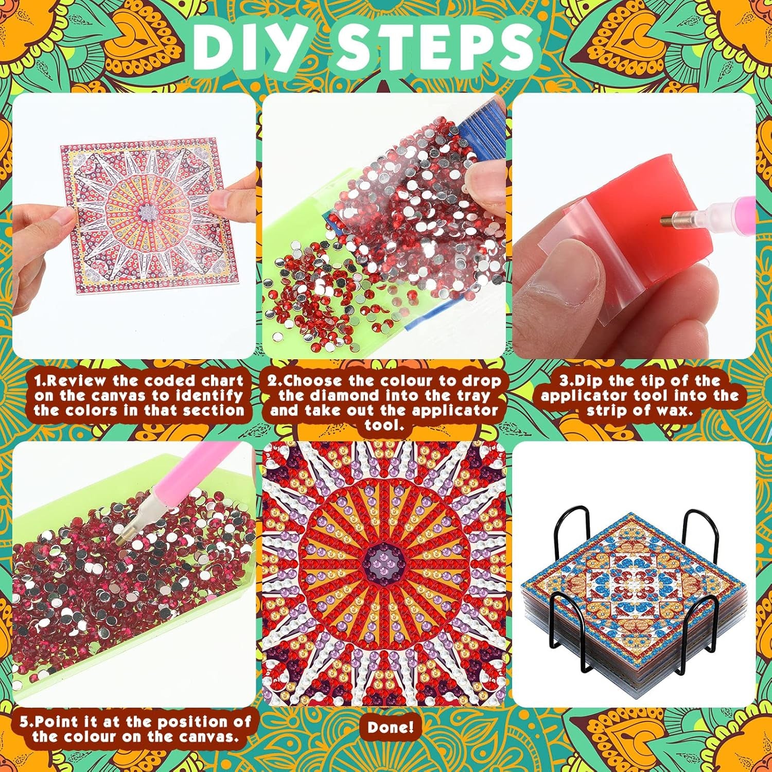 8 Pcs Diamond Coasters Diamond Painting Coasters DIY Mandala Coasters with Holder Square Boho Paisley Diamond Art Coasters 5D Diamond Painting Kits for Beginners Adults Kids Craft
