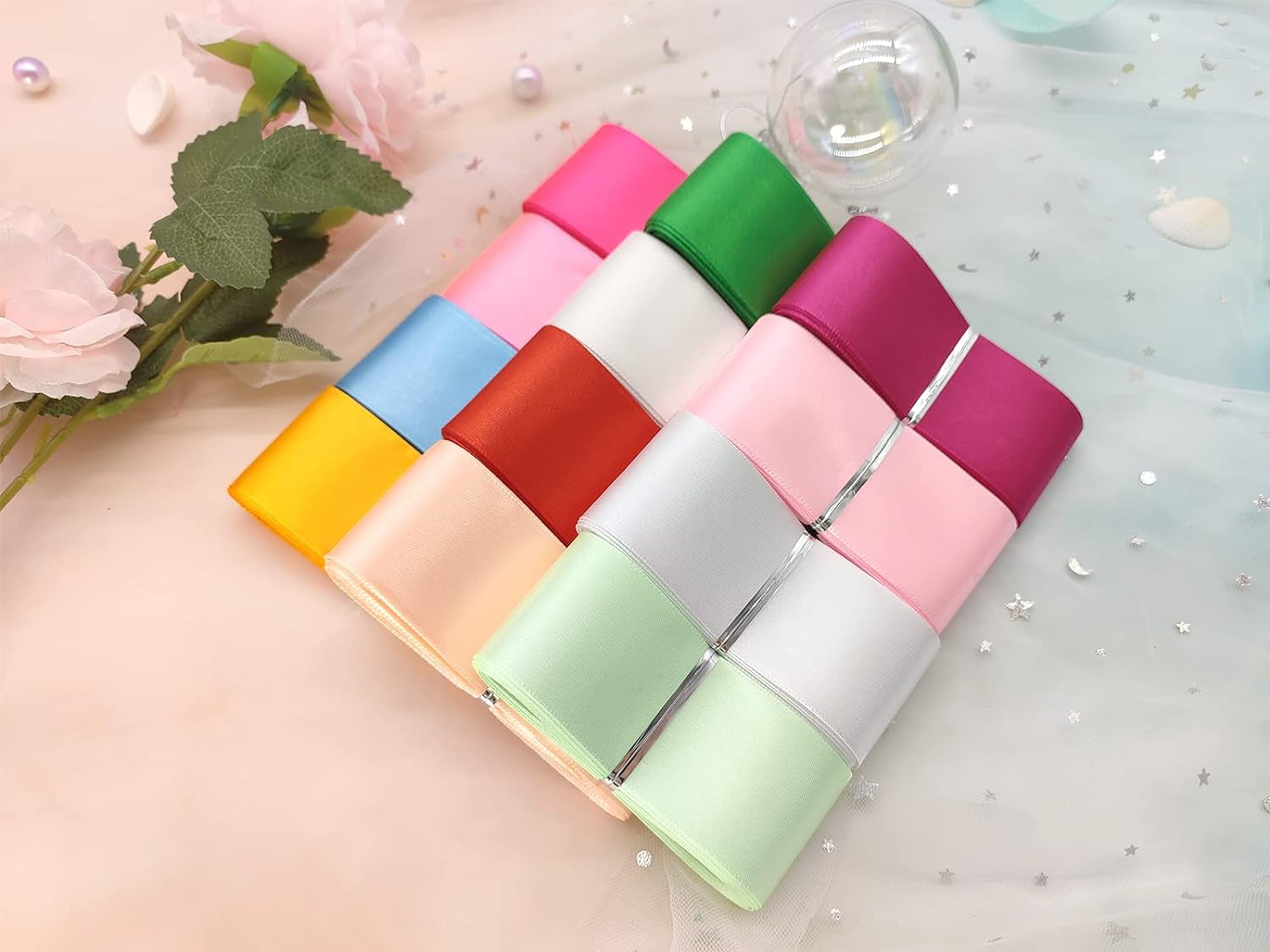 1 1/2" Single Face Satin Ribbon Assortment-100 Yards 25 Colors- Fabric Bulk Craft Ribbon for Gift Wrapping, Bow,Craft, Wreath,Binding Blanket (Multi-Color)