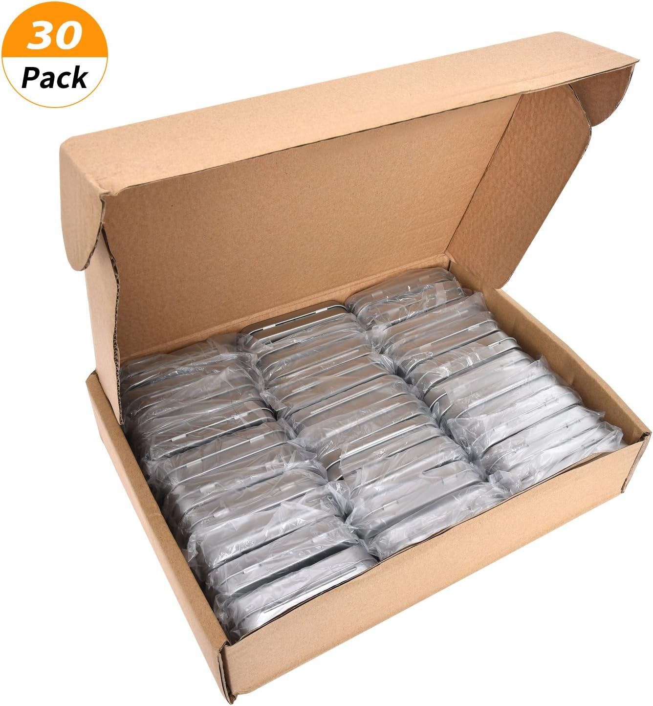 Metal Rectangular Empty Hinged Tins - 30 Pack Silver Mini Portable Box Containers Small Storage Kit &amp; Home Organizer