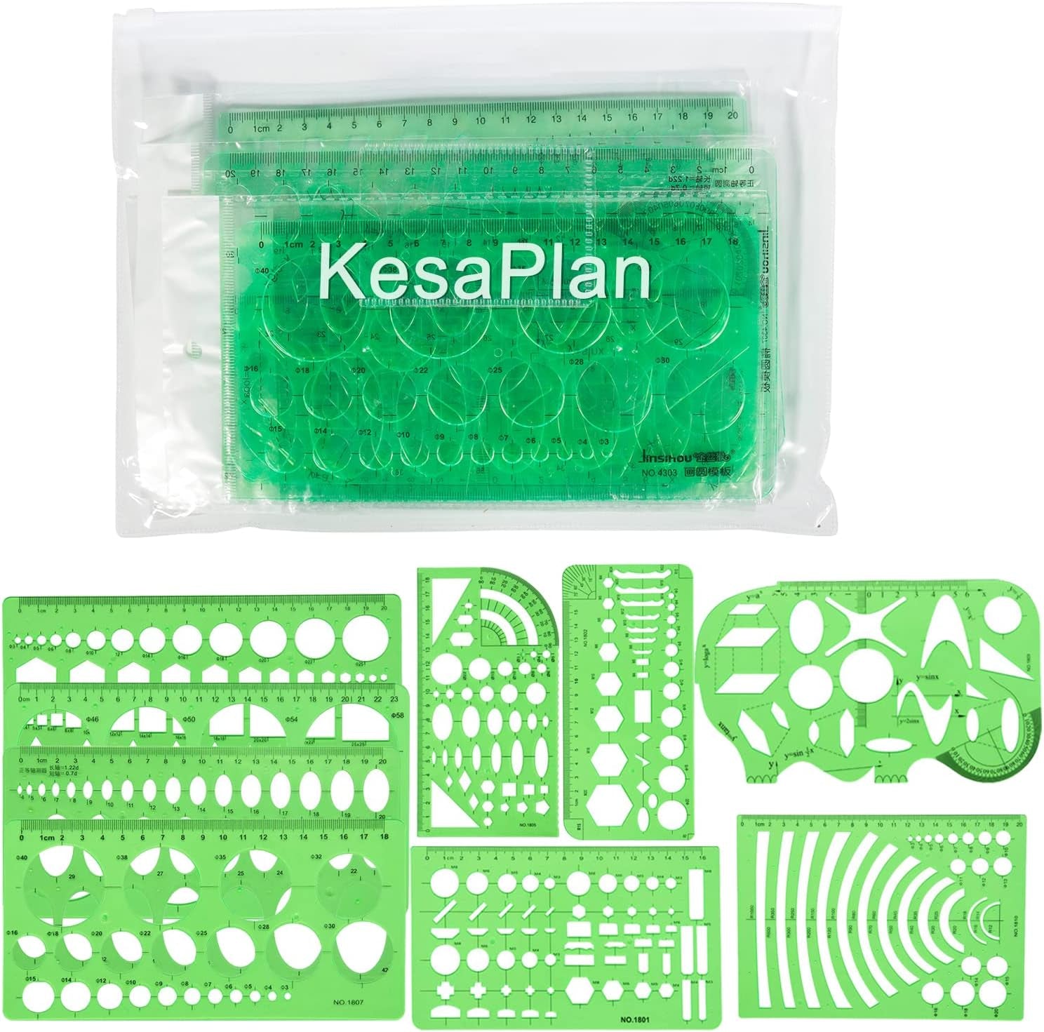 9 PCS Drawing Templates Plastic Rulers Multi-Function Measuring Rulers with French Curve Ruler,Geometric Drawings Templates Rulers Tool Set for Studying Designing and Building (Green)