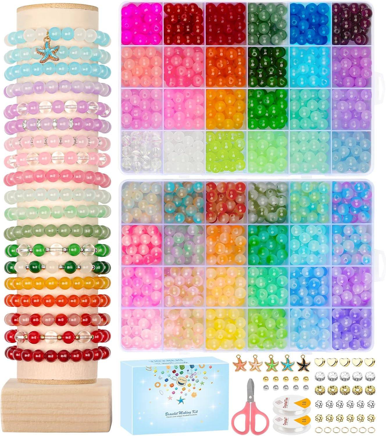 Glass Beads for Jewelry Making, 1520PCS 48 Colors 8Mm Crystal Beads Bracelets Making Kit with Star Pendants for Bracelet Necklace DIY Crafts Making