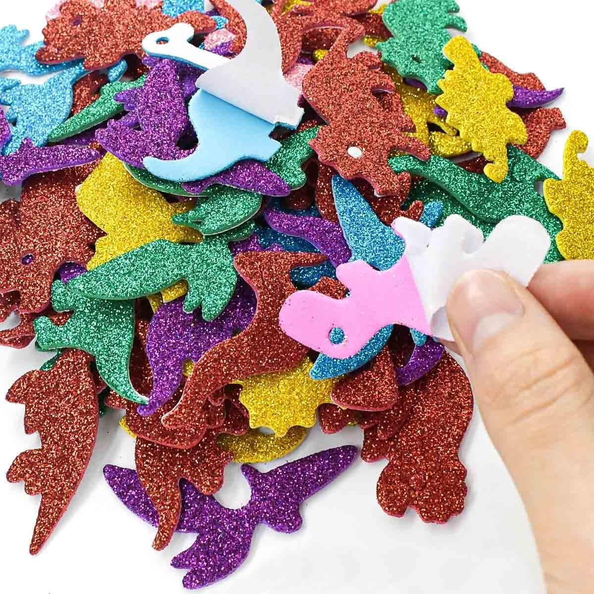 160 Pieces Glitter Dinosaur Foam Stickers Self Adhesive Foam Stickers for Craft DIY Self-Adhesive Dinosaur Shapes Sticker Home Party Decoration Colorful Arts Crafts Supplies (Assorted Colors)