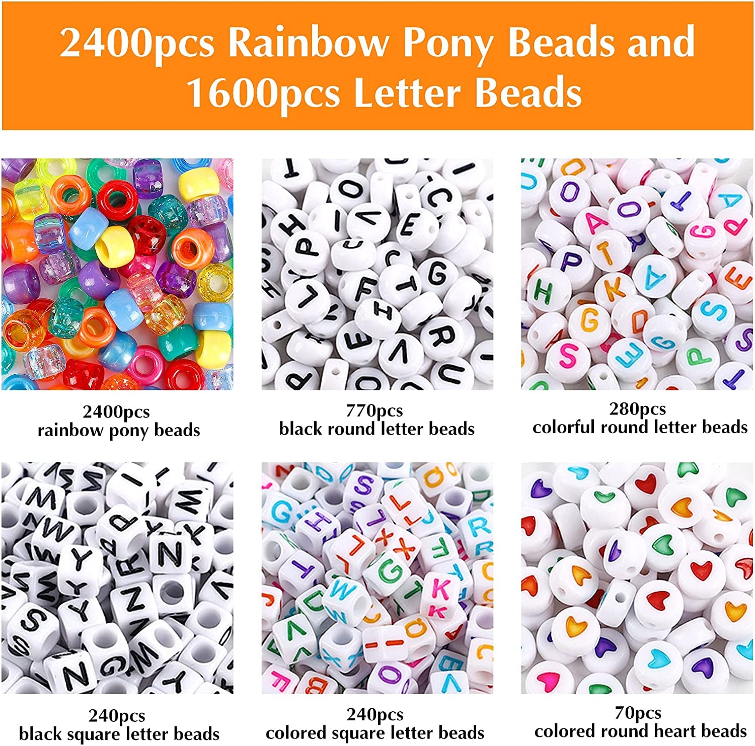4000Pcs Pony Beads Kit, 2400Pcs Rainbow Kandi Beads and 1600Pcs Letter Beads, 24 Colors Plastic Craft Beads Bulk for Bracelets Jewelry Making with 20M Crystal String and 30M Elastic String