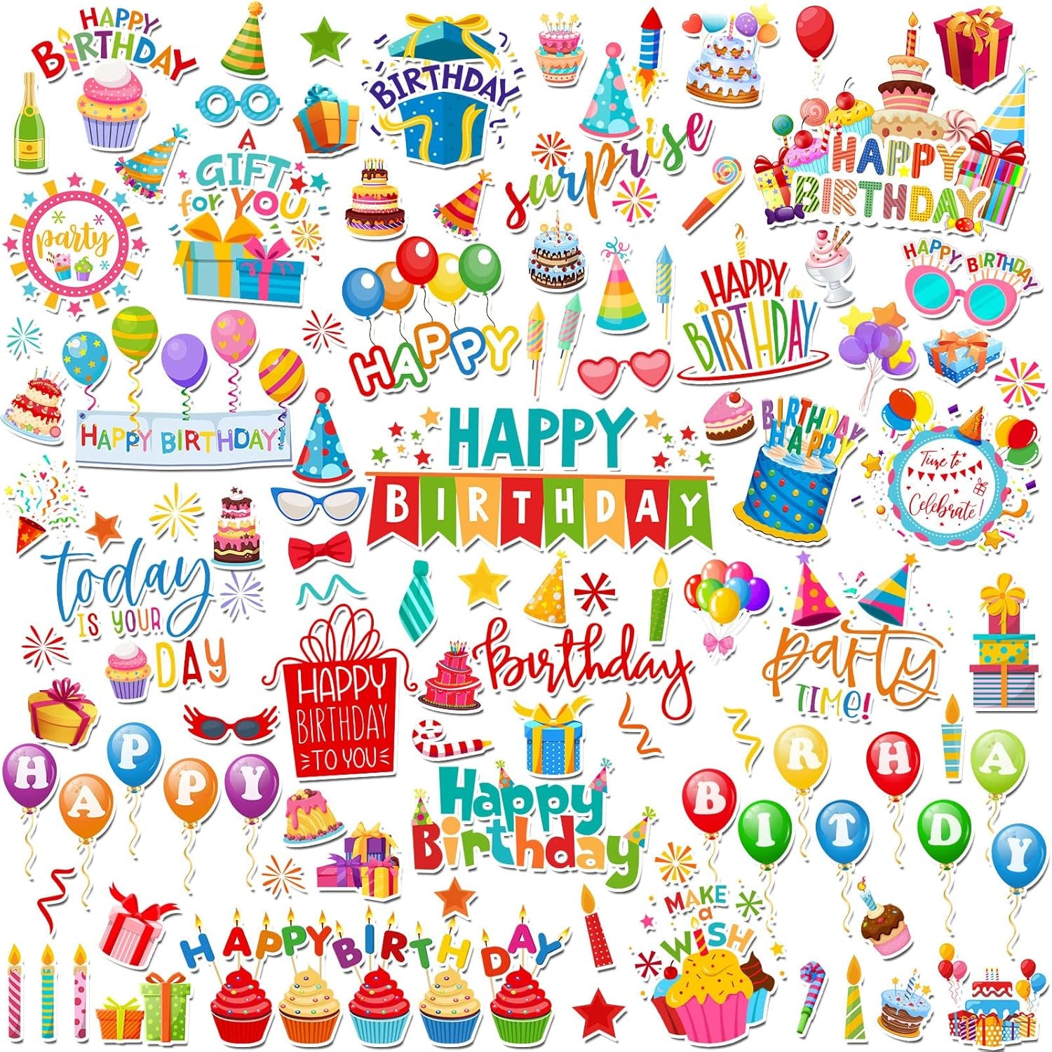 100 Pcs Birthday Paper Die Cuts Cardstock Birthday Scrapbook Die Cuts DIY Scrapbooking Cutouts for Birthday Scrapbook Notebook Suitcase Calendar Laptop Embellishments Supplies Craft Making Decoration