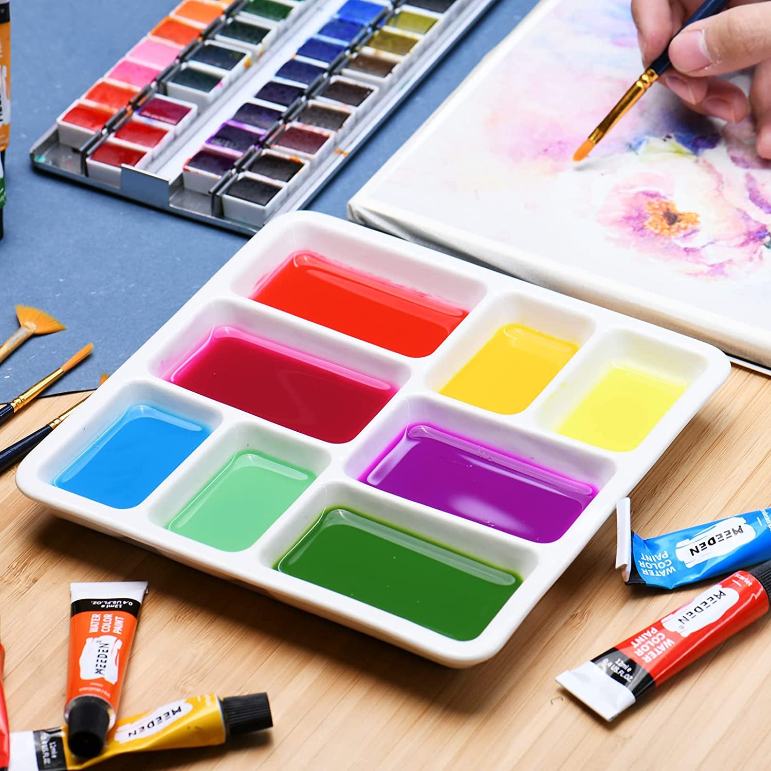 8-Well Ceramic Artist Paint Palette, Square Porcelain Watercolor Palette, White Ceramic Mixing Tray for Gouache Painting, Oil Painting, Acrylic Painting &amp; Tempera Painting, 7"× 7"× 0.9"