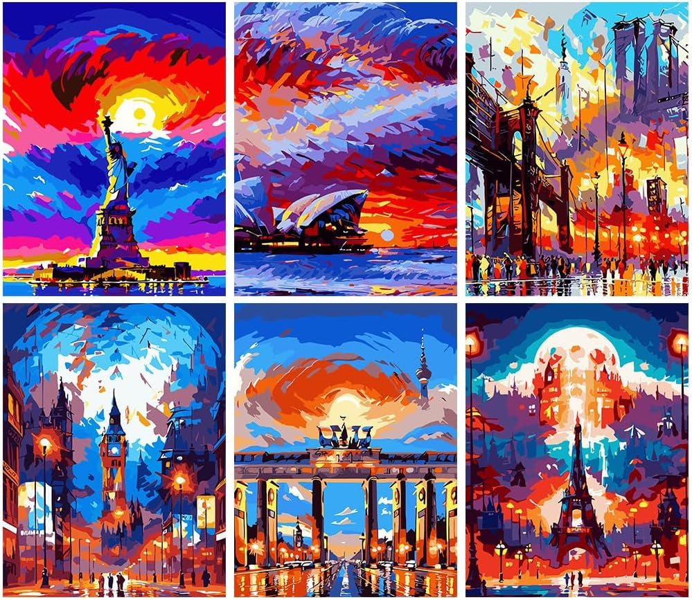 6 Packs Abstract Paint by Number for Adults Canvas, Easy Acrylic Landscape Paint by Numbers Kit for Adults Beginner, World Famous Scenic Spots Oil Painting Kits, Gifts Wall Decor 7.8X11.8Inch