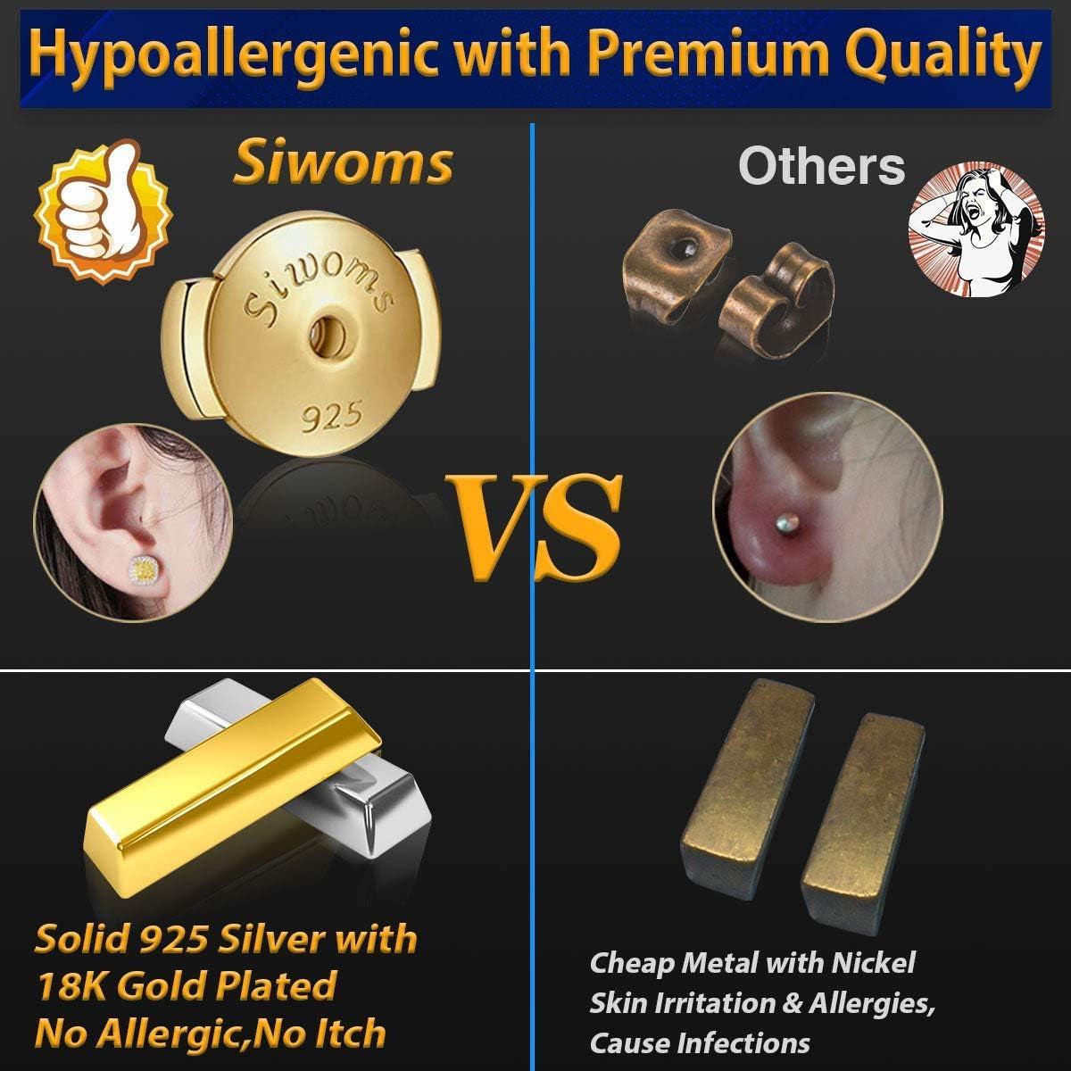 2-Pairs 14K Gold Locking Earring-Back Replacements for Studs, Hypoallergenic 925 Silver Secure Backings (No Fading, Comfort)