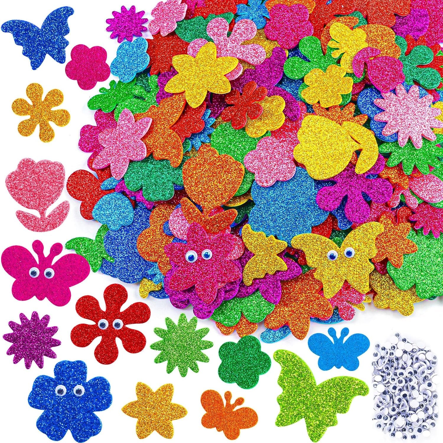 330Pcs Glitter Flower Stickers 10 Colors Foam Flower Stickers and Butterfly Stickers with 200 Self-Adhesive Eyes Kid Preschool Activity DIY Arts Craft Supplies for Greeting Cards Decoration