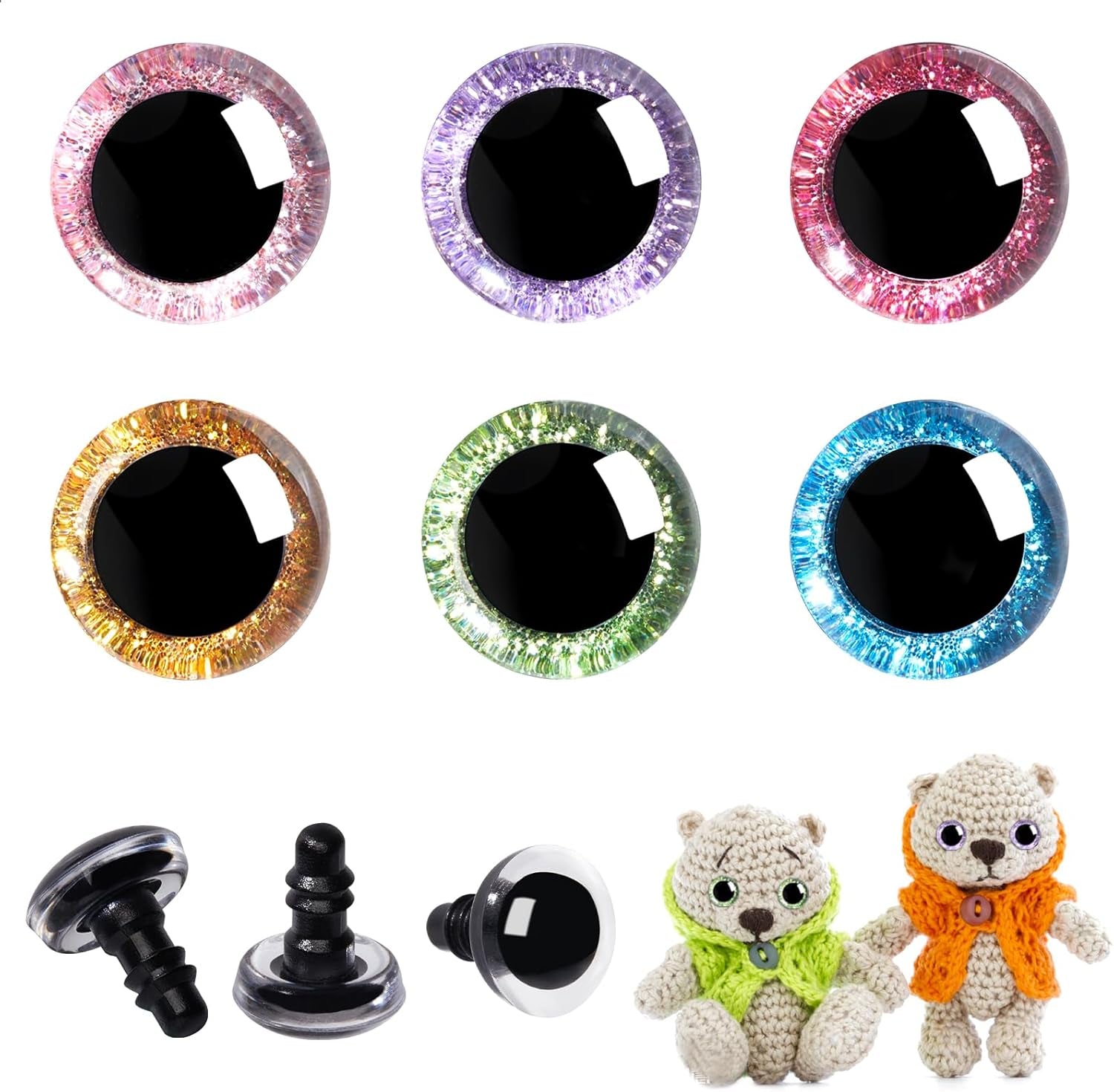 120Pcs 16Mm 3D Glitter Plastic Safety Eyes for Amigurumi Trapezoid Craft Crochet Doll Eyes with Washers Stuffed Animal Eyes for DIY of Puppet, Bear Plush Animal(6 Colors)