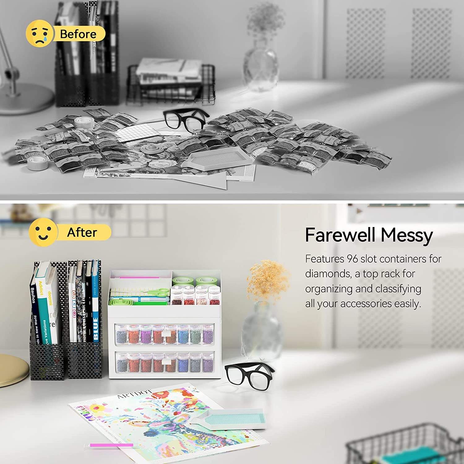 Storage Containers for Diamond Painting Accessories, 2 Drawers with 96 Slots Bead Storage Bottles and Diamond Art Accessories and Tools Rack