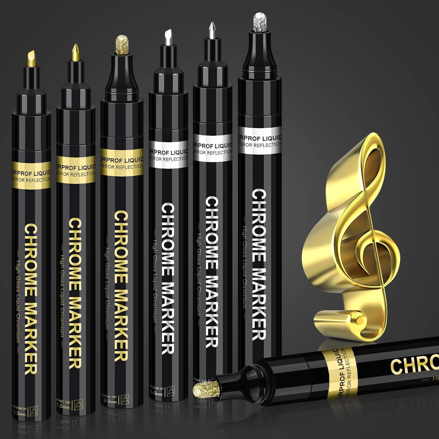 6Pcs Oil-Based Chrome Mirror Markers - Silver &amp; Gold Permanent Metallic Markers for Model Painting, DIY Projects - Waterproof, Reflective Gloss Pens