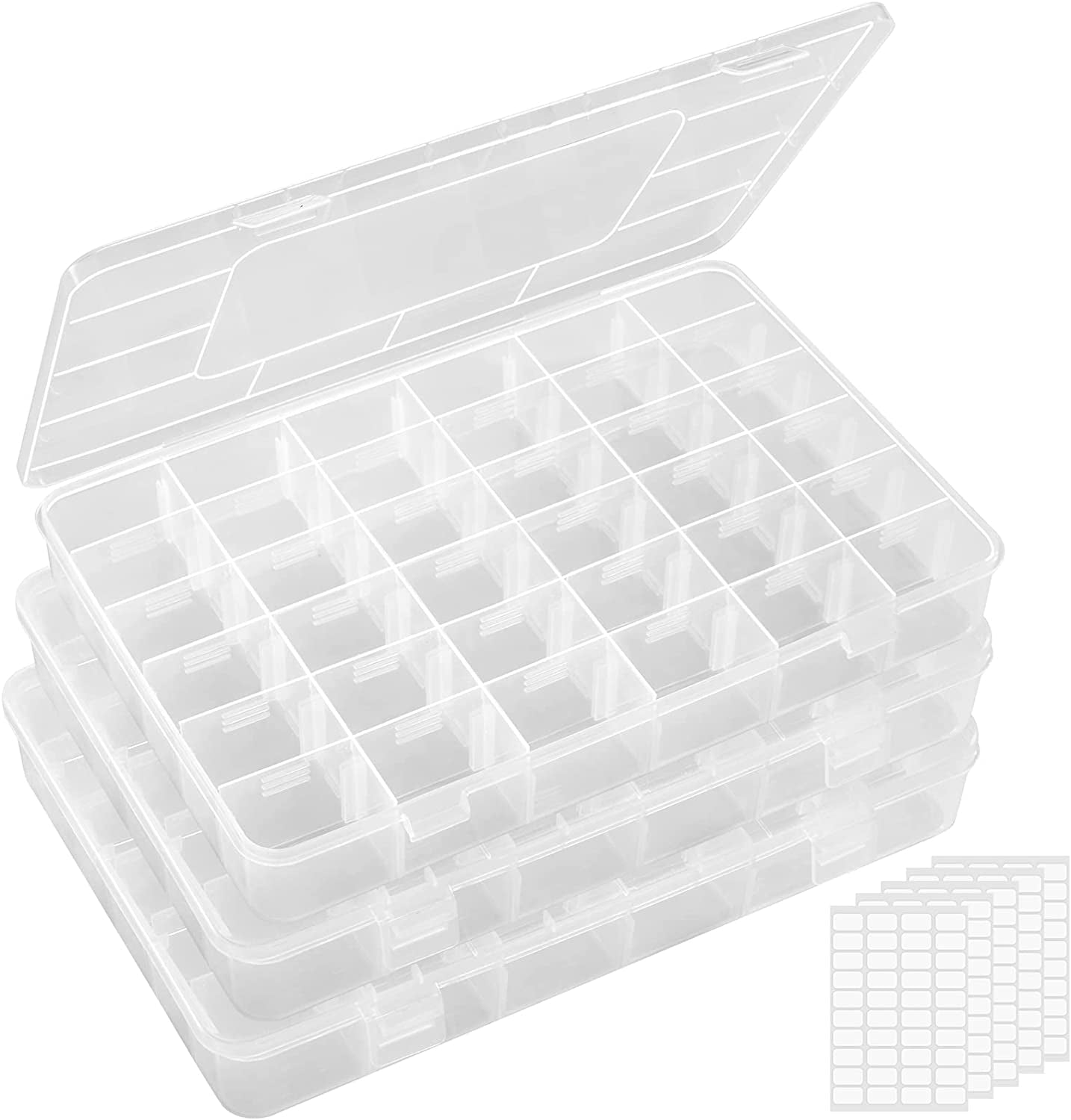 3 Pack 36 Grids Clear Stackable Plastic Organizer Storage Box Container with Adjustable Dividers for Beads, Art DIY, Crafts, Jewelry, Fishing Tackle with 5 Sheet Label Stickers