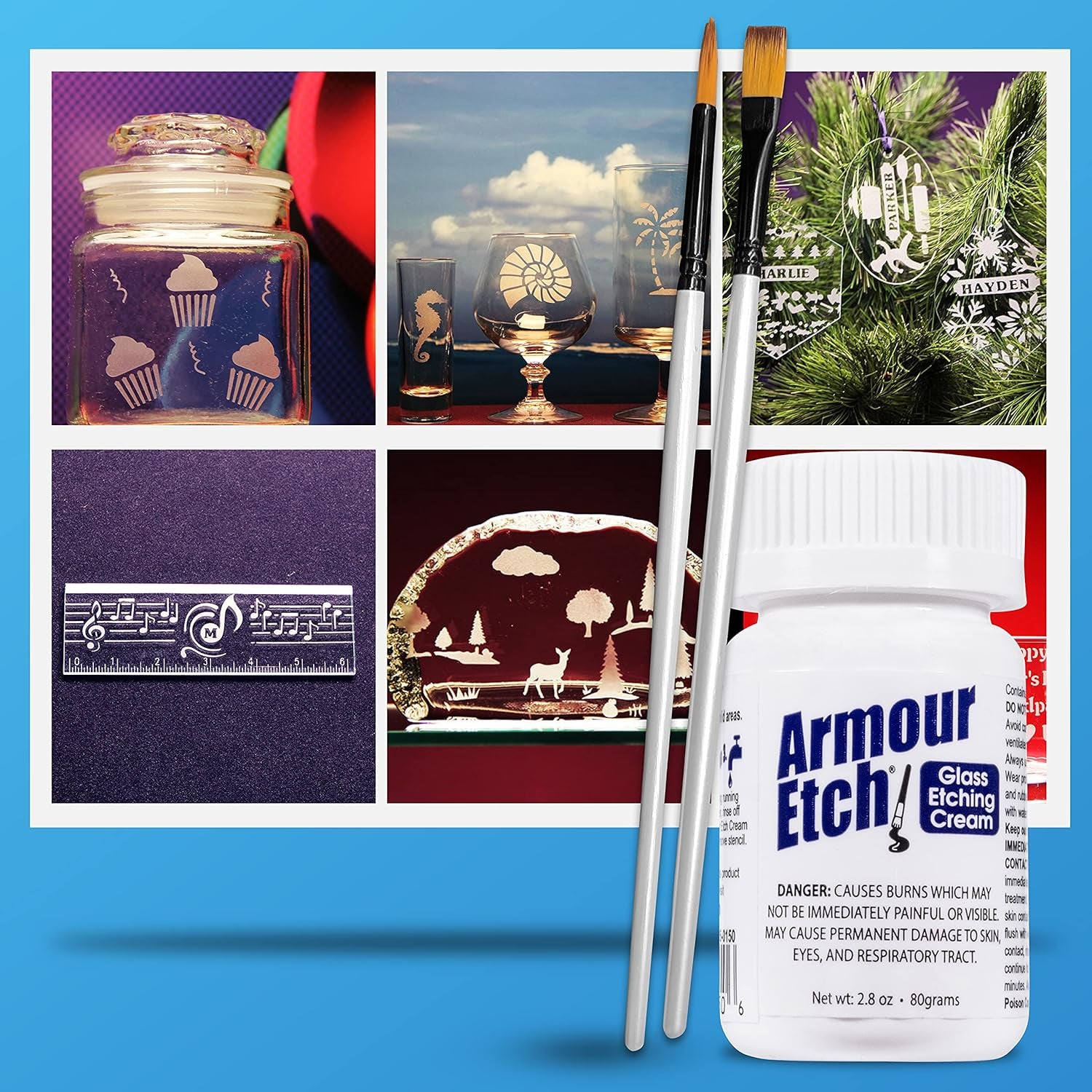 Armour Etch Glass Etching Cream - Starter 2.8Oz Size - Bundled with  Application Brushes