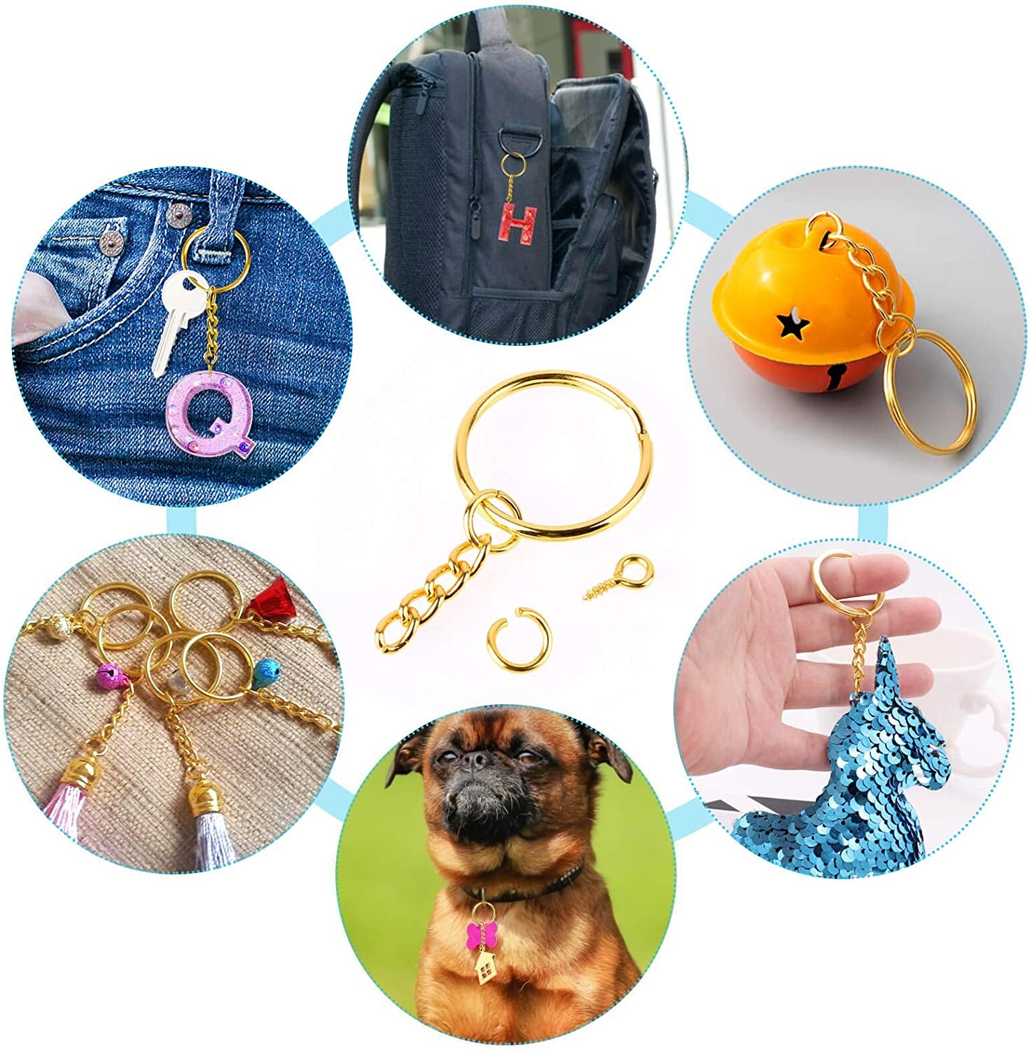 Keychain Rings Kit for Crafts Gold,  Includes 100Pcs Split Key Ring with Chain, 100Pcs Jump Rings and 100Pcs Screw Eye Pins for Resin Keychain Making