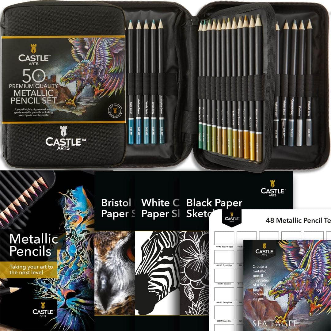 48 Metallic Colored Pencils Set with Extras | Quality Wax Cores with Shimmering Shades for Professional, Adult Artists, Colorists | in Strong Carry-Anywhere Zipper Case