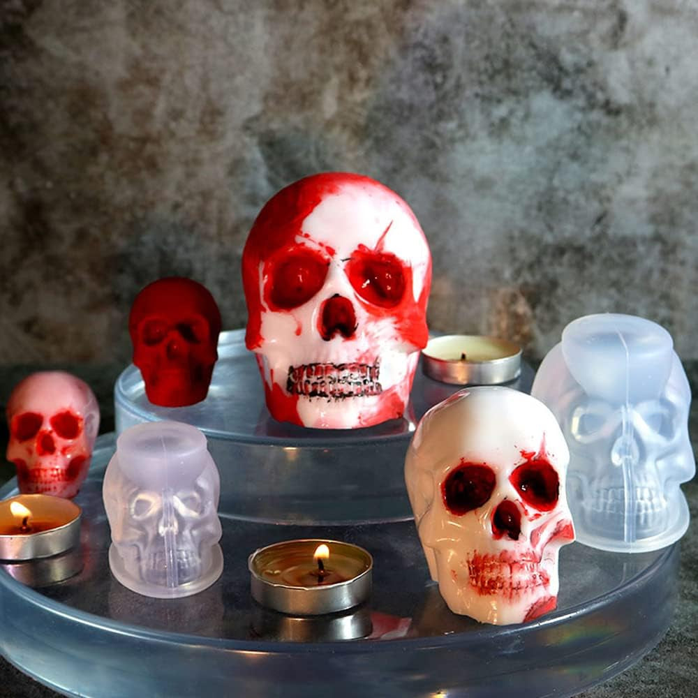 Set of Large + Medium + Small 3D Skull Resin Molds, Flexible Clear Silicone Skull Head Molds, Silicone Molds for Resin, Soap, Clay, Candle Wax Casting, Halloween Home Decoration