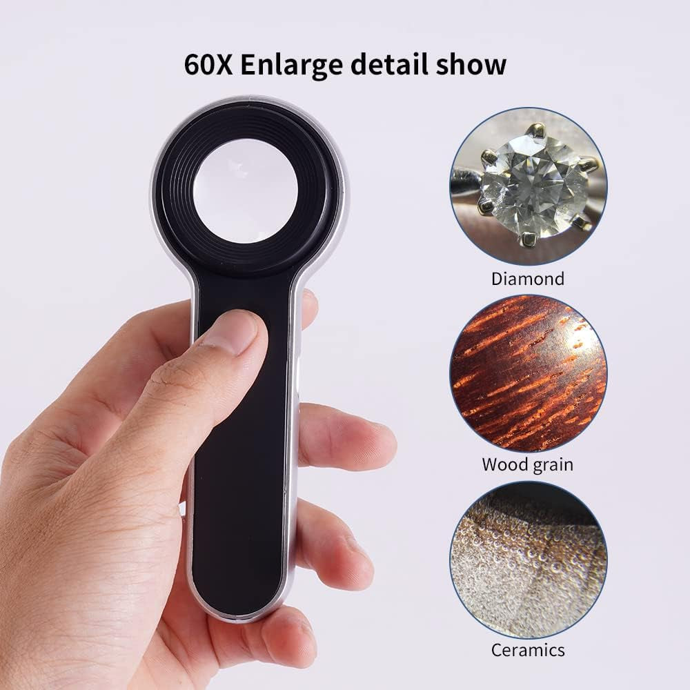 60X Illuminated Rechargeable Magnifier with Dual Coated Lenses, LED/UV Illuminated, Designed for Restoration Jewelry Identification, Close Work, Repair, Gardening, Stamps, Rock Collecting