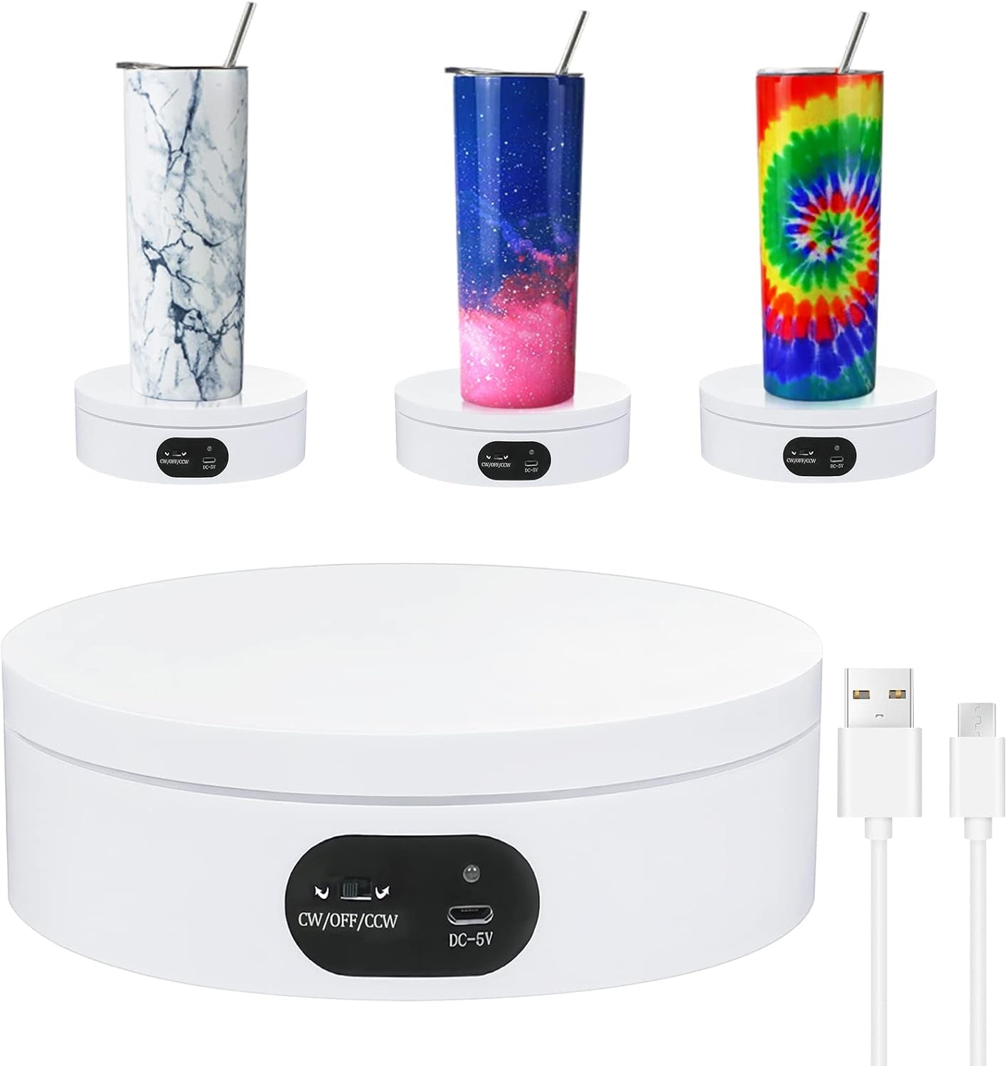 Exhibition Stand for Sublimation Tumbler, 360° Automatic Mute Rotating Revolving Platform 12Oz, 20Oz&50Oz Heat Press Blanks Tumblers Skinny Straight, Cup(White), White-01 (ZT-001)