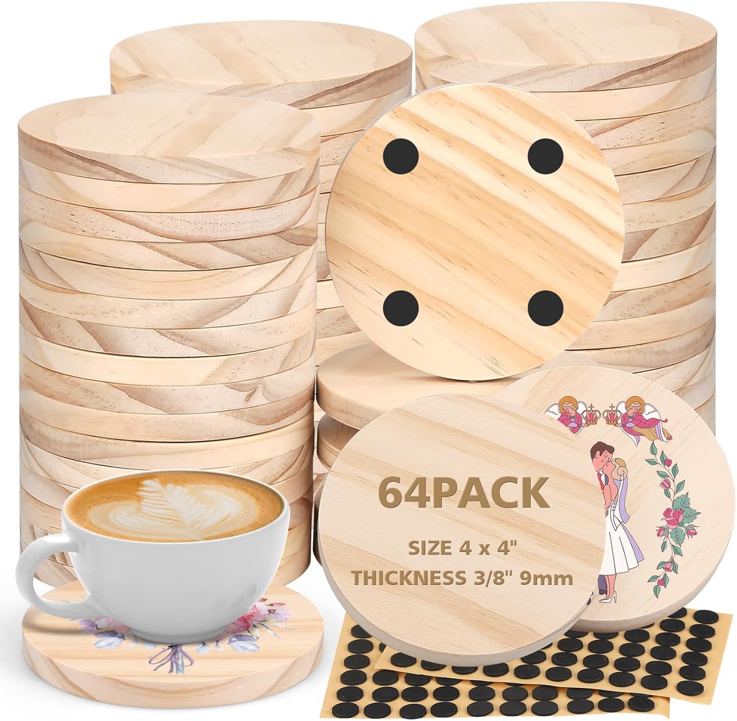 32Pcs Unfinished Wood Coasters, 4" round Wooden Coasters with Non-Slip Dot Sticker for Drinks, 9Mm Thick Blank Wood Coasters Bulk for DIY Crafts Supplies Adults Beginners