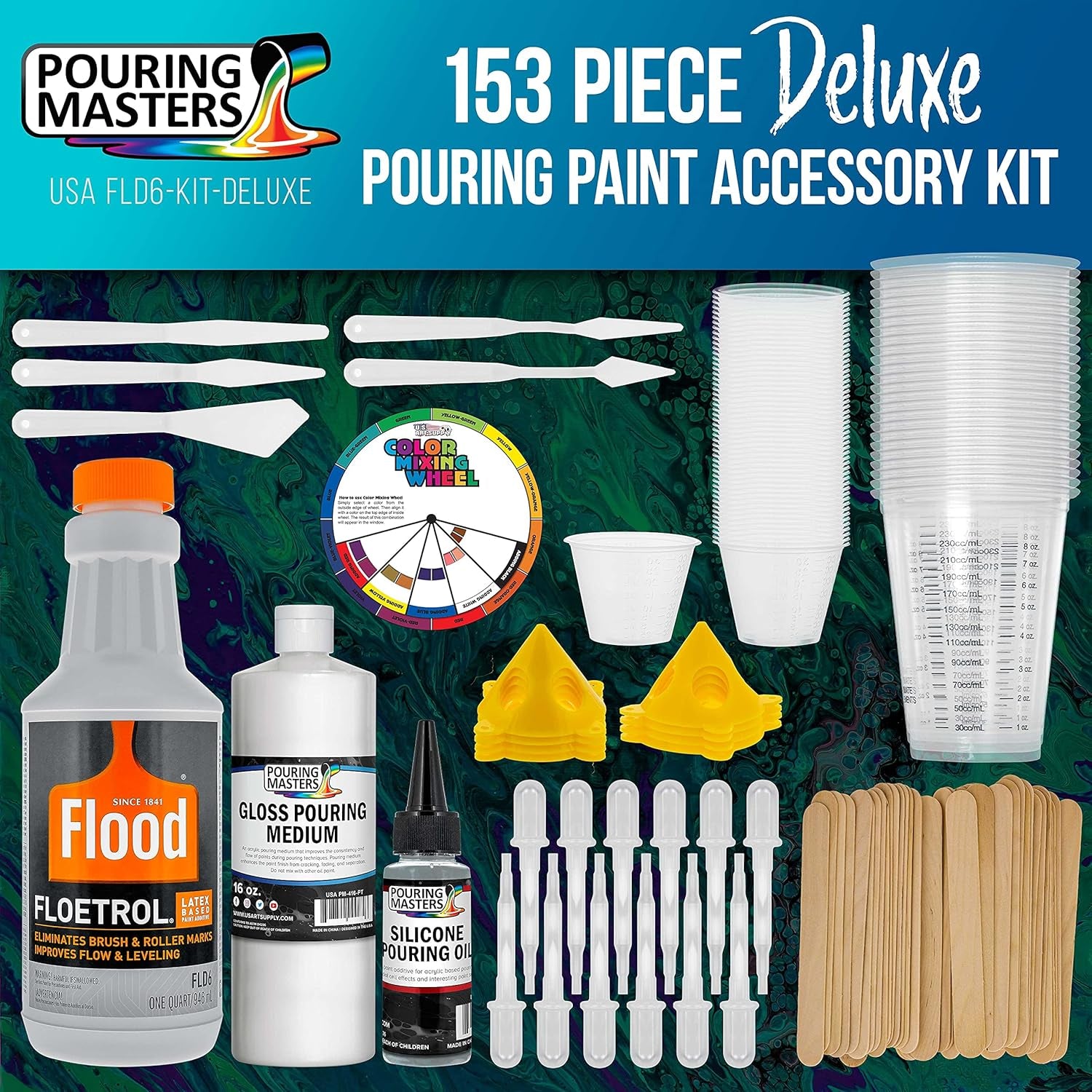 - 1 Quart Floetrol Additive Pouring Supply Paint Medium Deluxe Kit for Mixing, Epoxy, Resin - Silicone Oil,1 and 10 Ounce Plastic Cups, Mini Painting Stands, Sticks, Pallete Knifes