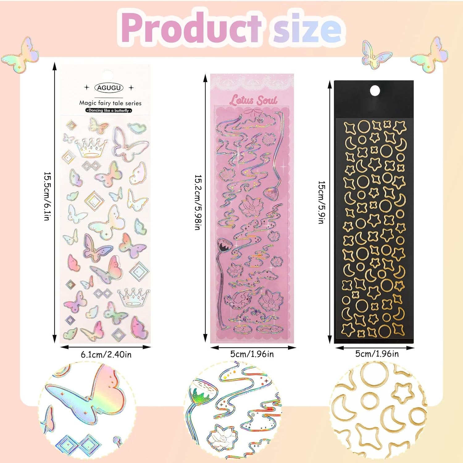 18 Sheets Scrapbook Kpop Stickers Adhesive Decor Shinny Korean Stickers for Photocards Butterfly Star Moon Waterproof Cute Stickers for Scrapbooking Planner Diary Decoration (Gold, Silver, Heart)
