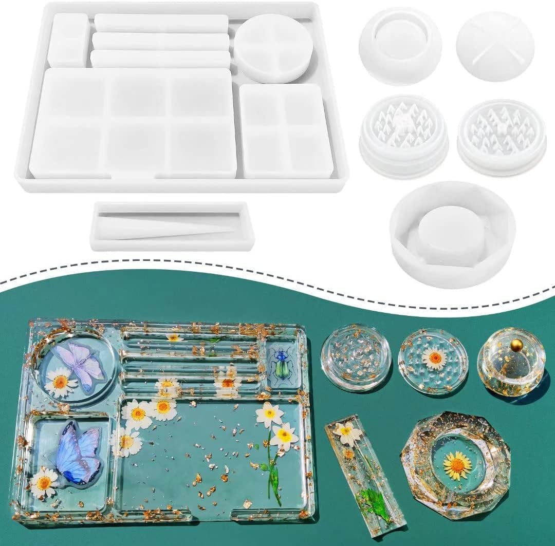6 PCS Silicone Molds for Resin - Large Resin Molds with Rolling Tray Mold and Resin Grinder Mold for Grind and Storage, DIY Resin Epoxy Kit