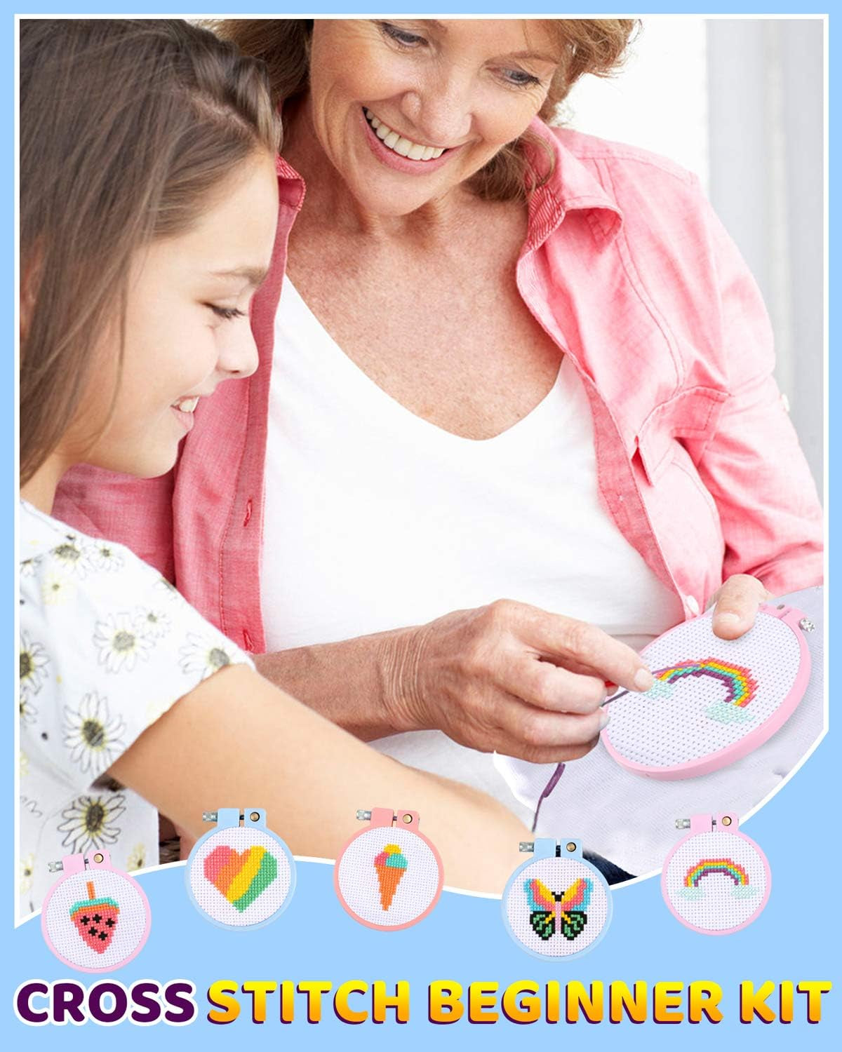 6 Pcs Cross Stitch Kits for Beginners for Kids 7-13, Kids Embroidery Kit Needlepoint Kit Arts and Crafts Kit with Instructions for Backpack Charms, Ornaments and Needle Craft