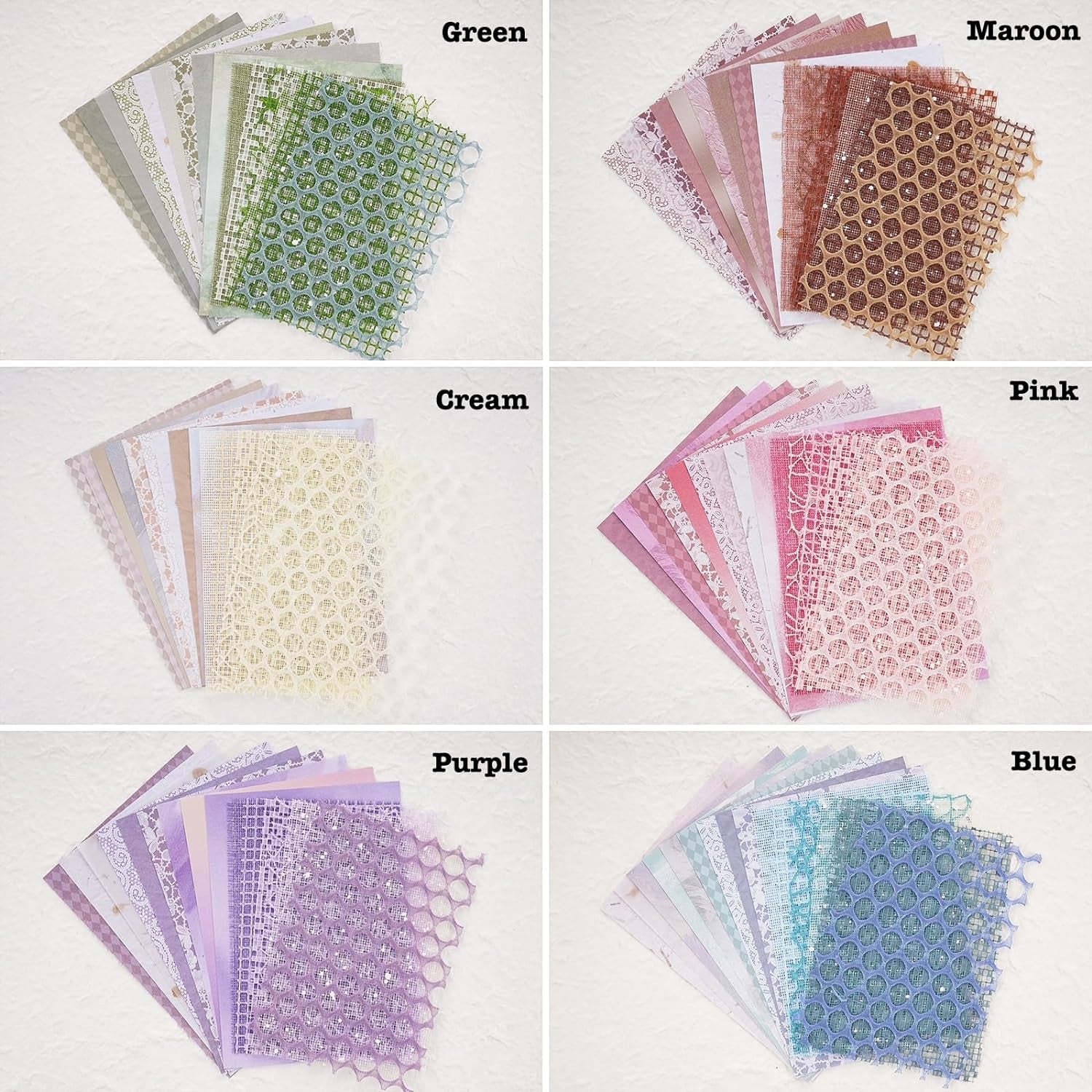 90 Sheets Scrapbook Paper and Decorative Mesh Fabric Assorted Set - 6 Pack Mixed Special Paper for Scrapbooking Planner Bullet Junk Journal Supplies Mixed Media Collage Card Embellishment 5.1X7 Inch